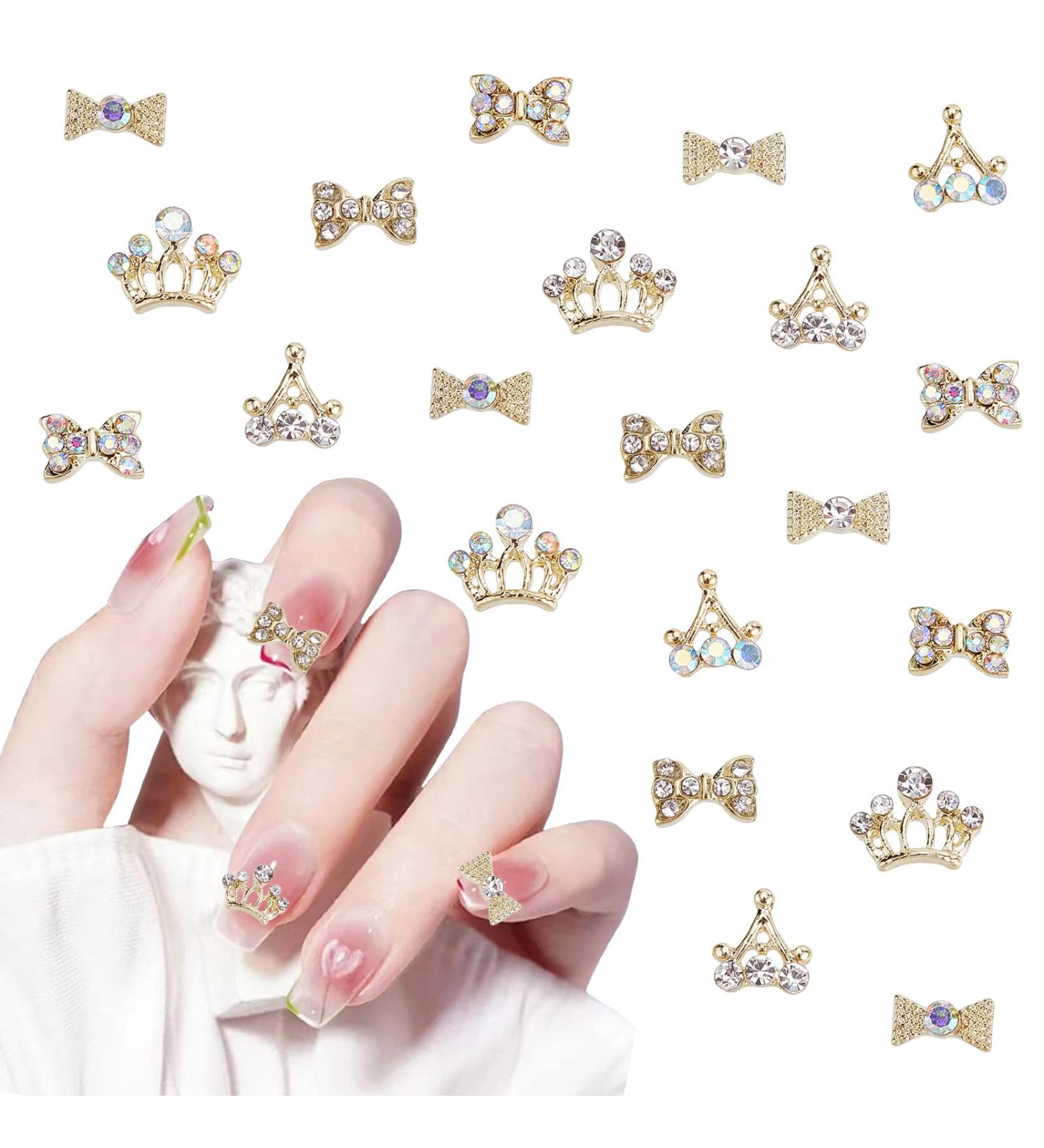 40Pcs 3D Alloy Nail Rhinestones Diamond Crown and Bowknot Charms - Luxury Gold Nail Jewelry Decorations for Women and Girls - DIY Nail Design - Buy Online on GoSupps.com