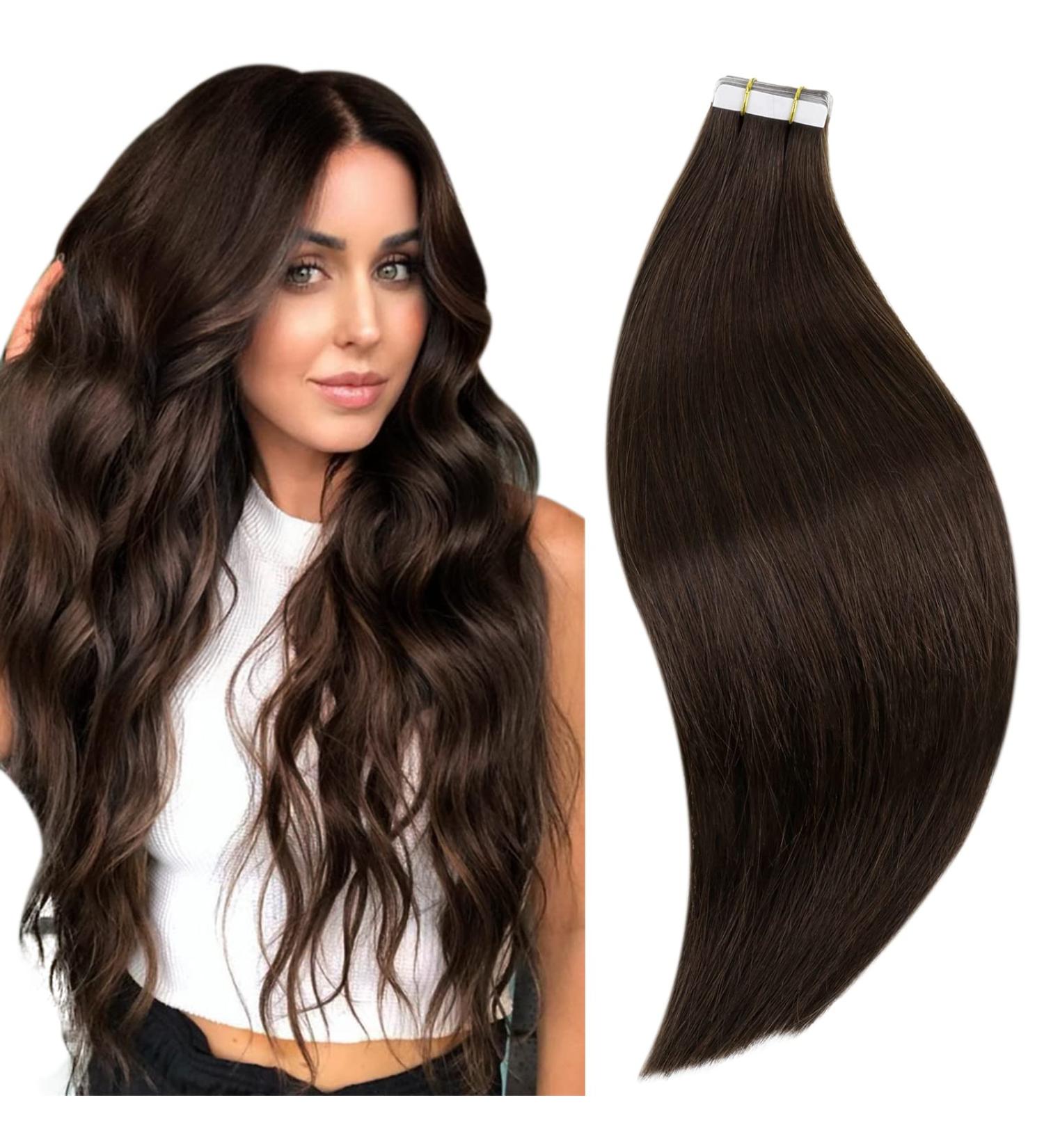 RUNATURE Brown Tape in Human Hair Extensions - 16 Inch Straight 50g #2 - Buy Online on GoSupps.com