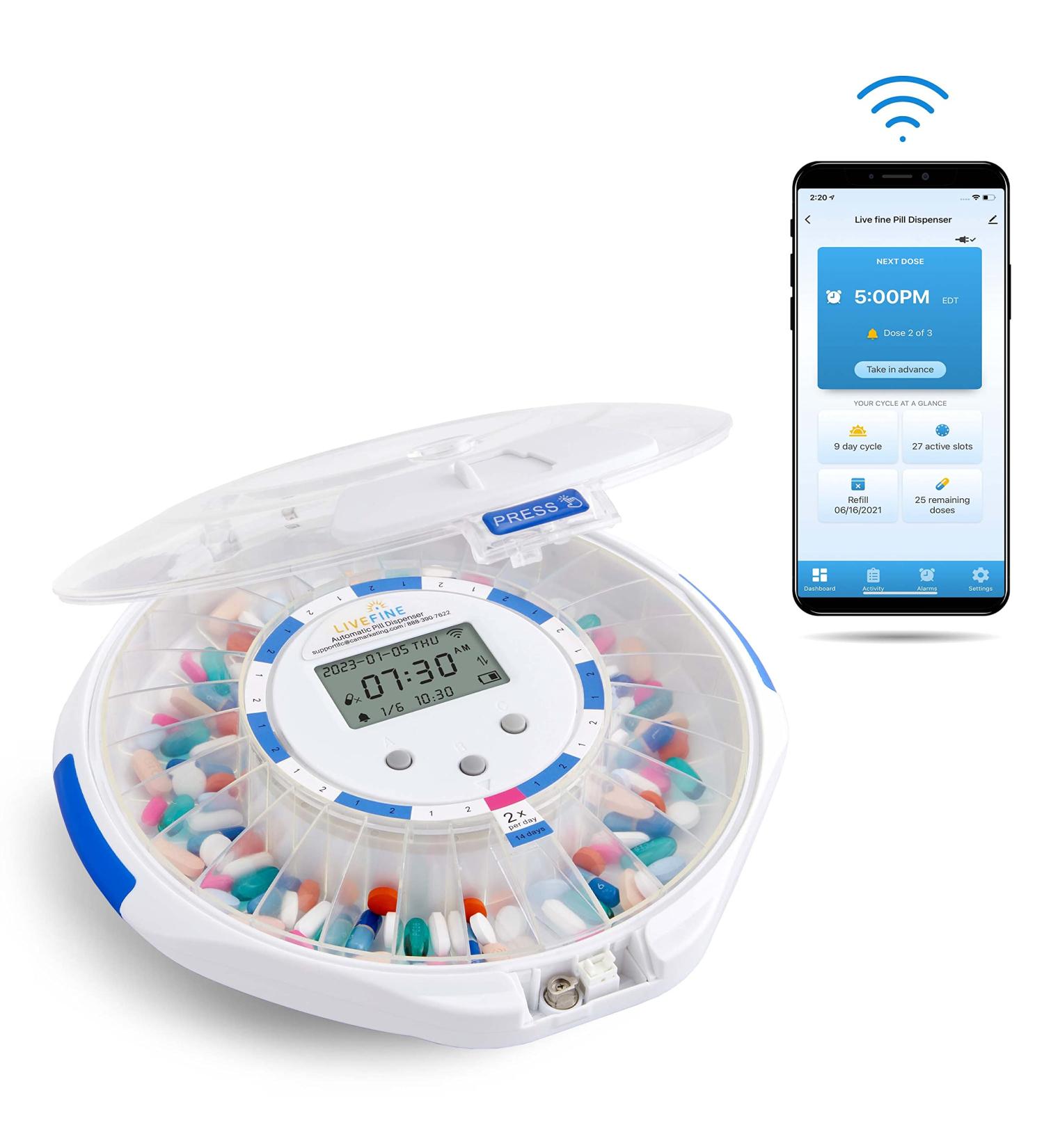 LiveFine Smart WiFi Automatic Pill Dispenser with Clear Lid | 28-Day Medication Organizer | Up to 9 Doses Per Day | Light/Sound Alarms | Lock Key System - Buy Online on GoSupps.com