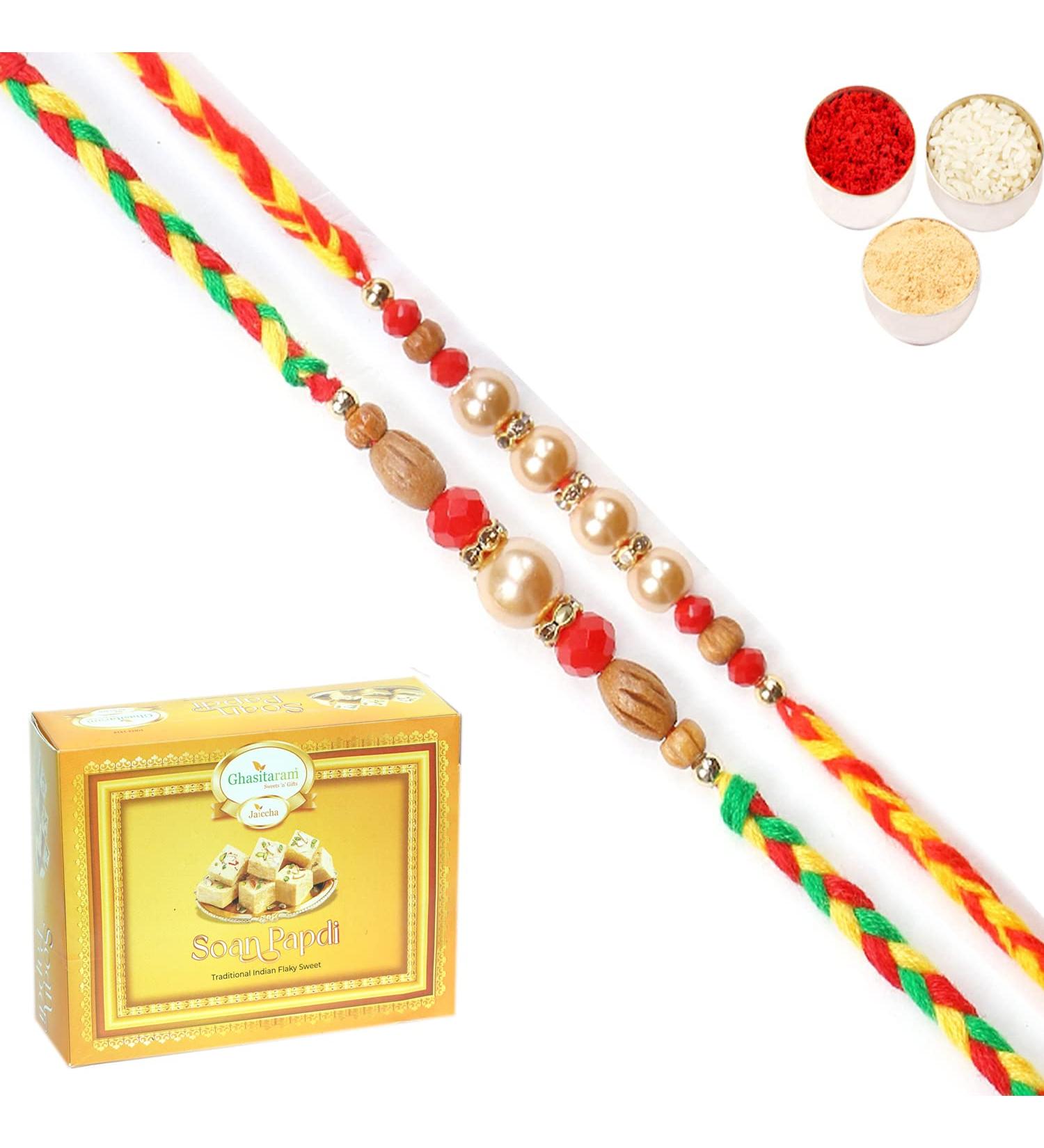 Ghasitaram Gifts Rakhi for Brother Rakhis Online - Set of 2 6431 6432 Pearl Rakhis with 200 GMS of Soan Papdi - Buy Online on GoSupps.com