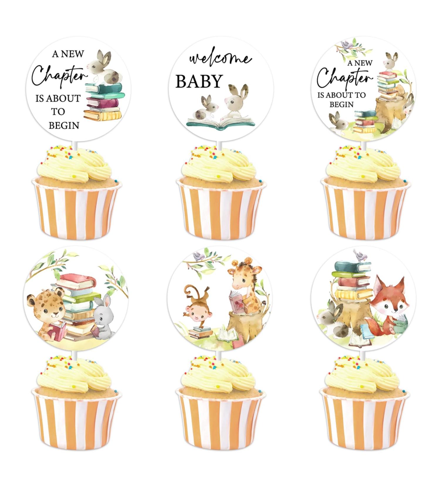 24 Pcs Storybook Baby Shower Cupcake Toppers for Boy Girl A New Chapter Is About To Begin Baby Shower Welcome Baby Cake Decorations Woodland Animal Party Supplies - Buy Online on GoSupps.com