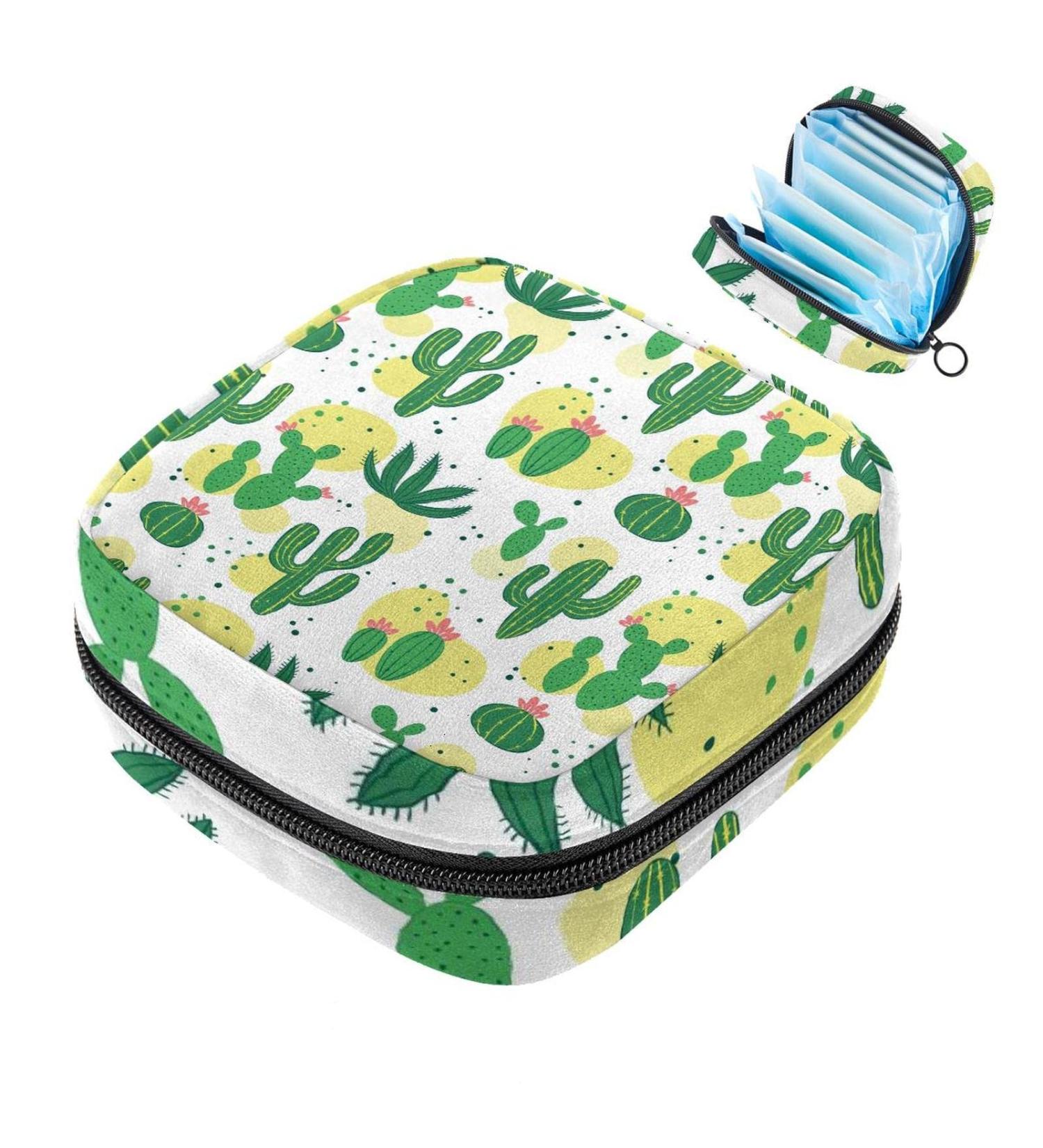 Stylish Menstruation Pad Bag with Zipper | Hand-Drawn Cactus Design | Women's Tampon & Napkin Collector Bag - Buy Online on GoSupps.com