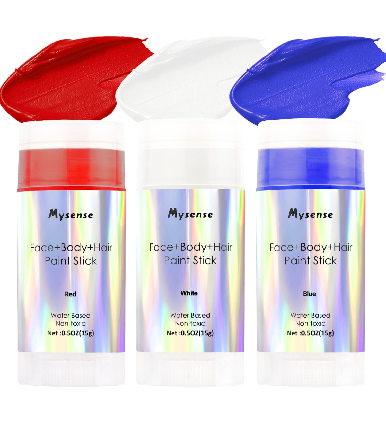 Mysense Red White Blue Face Body Paint Stick | USA Flag Patriotic Makeup | 4th of July Accessories | Water-Based Temporary Hair Color & Halloween SFX | 0.5oz - Buy Online on GoSupps.com