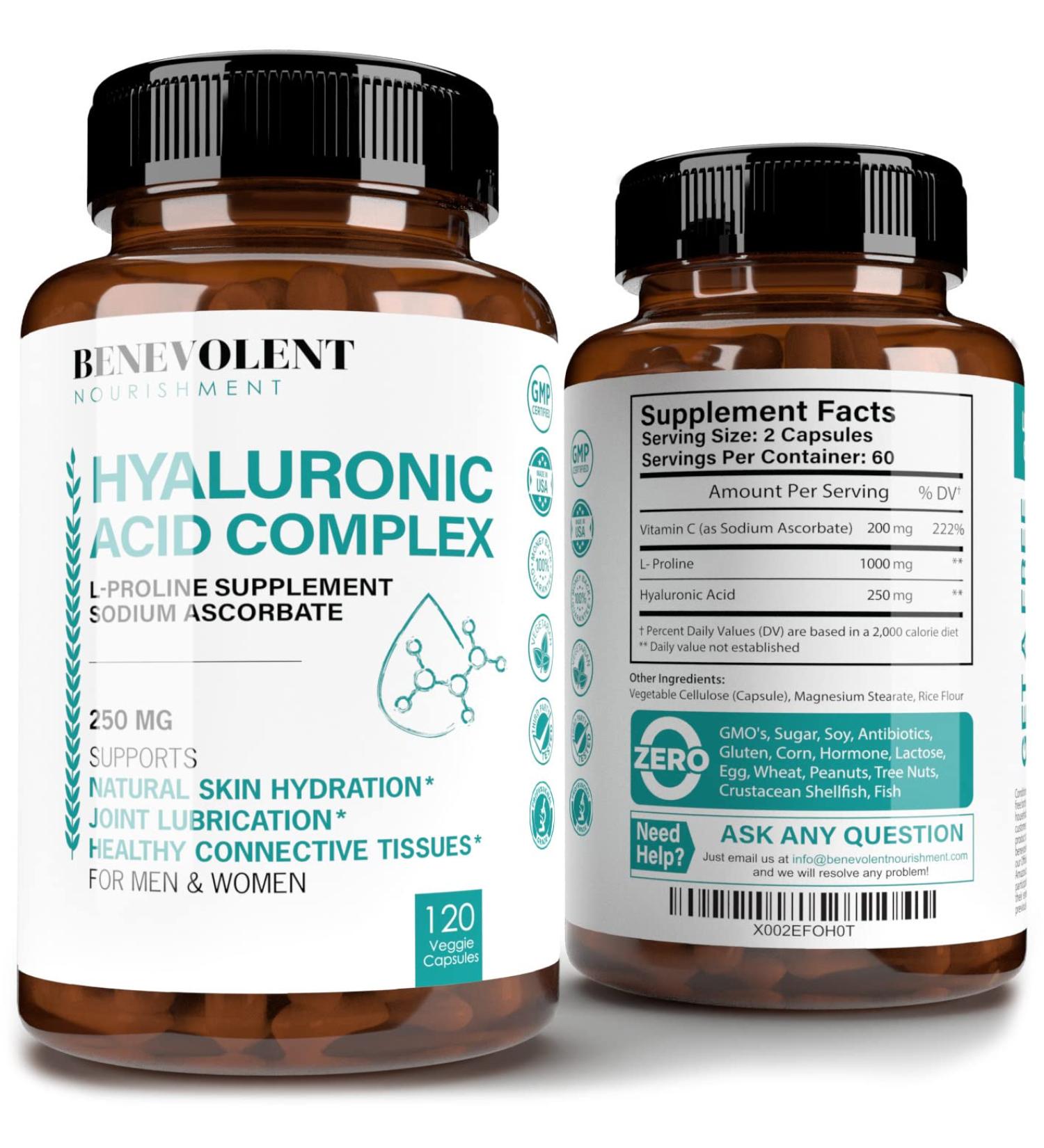 Premium Hyaluronic Acid 250mg with Vitamin C & L Proline - 120 Capsules | Anti-Aging & Healthy Skin Support - Buy Online on GoSupps.com