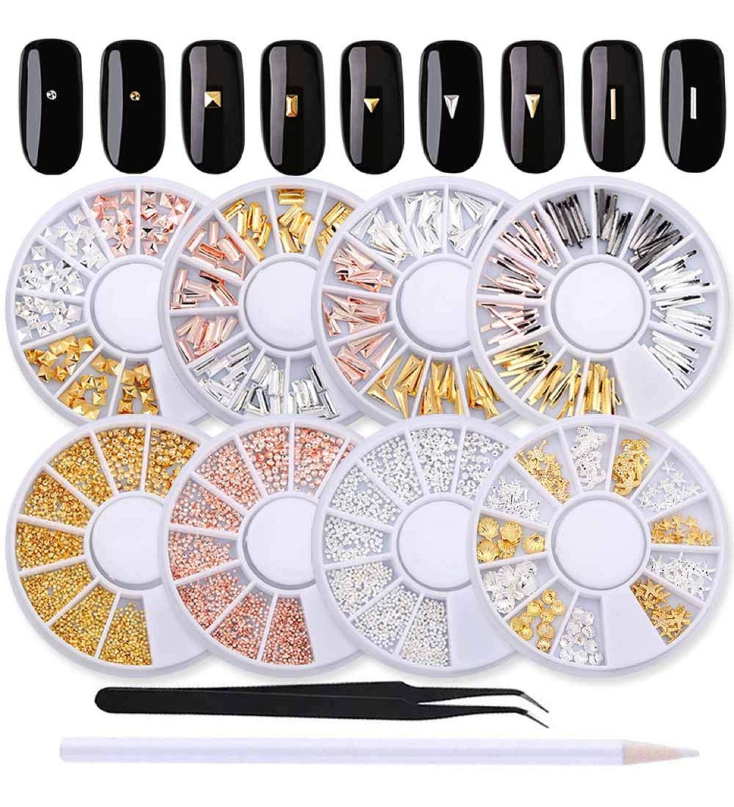 WOKOTO 8 Boxes 3D Geometry Gold Metal Nail Charms Kit with Tweezers and Wax Pencil - Nail Art Studs, Mix-Shape Jewelry and Decorations - Sliver Nail Rivet Set - Buy Online on GoSupps.com