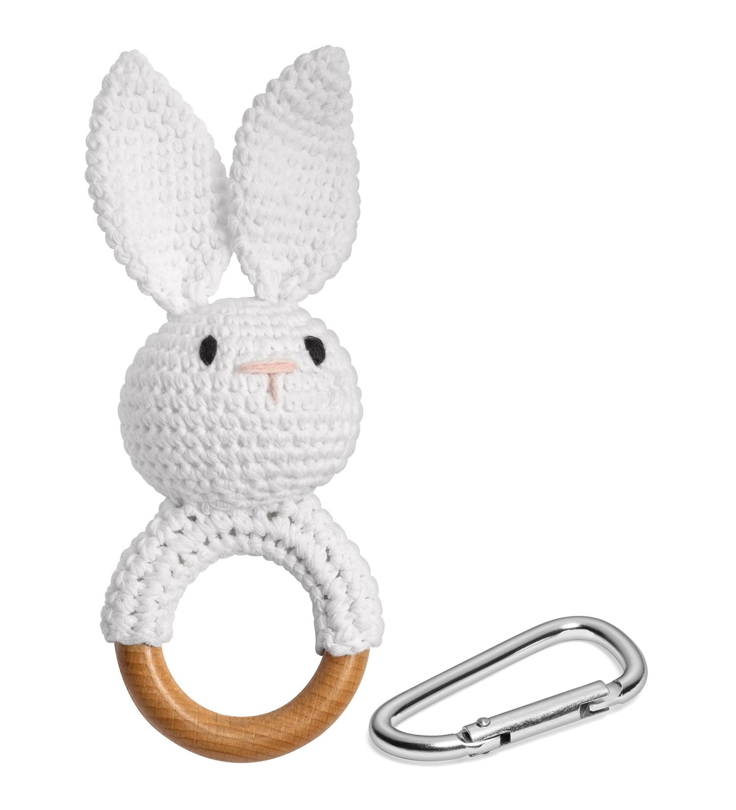 Crochet Bunny Rattle with Wooden Teether Ring - Baby Girls and Boys Diaper Bag Clip Toy - Natural Cotton - Buy Online on GoSupps.com