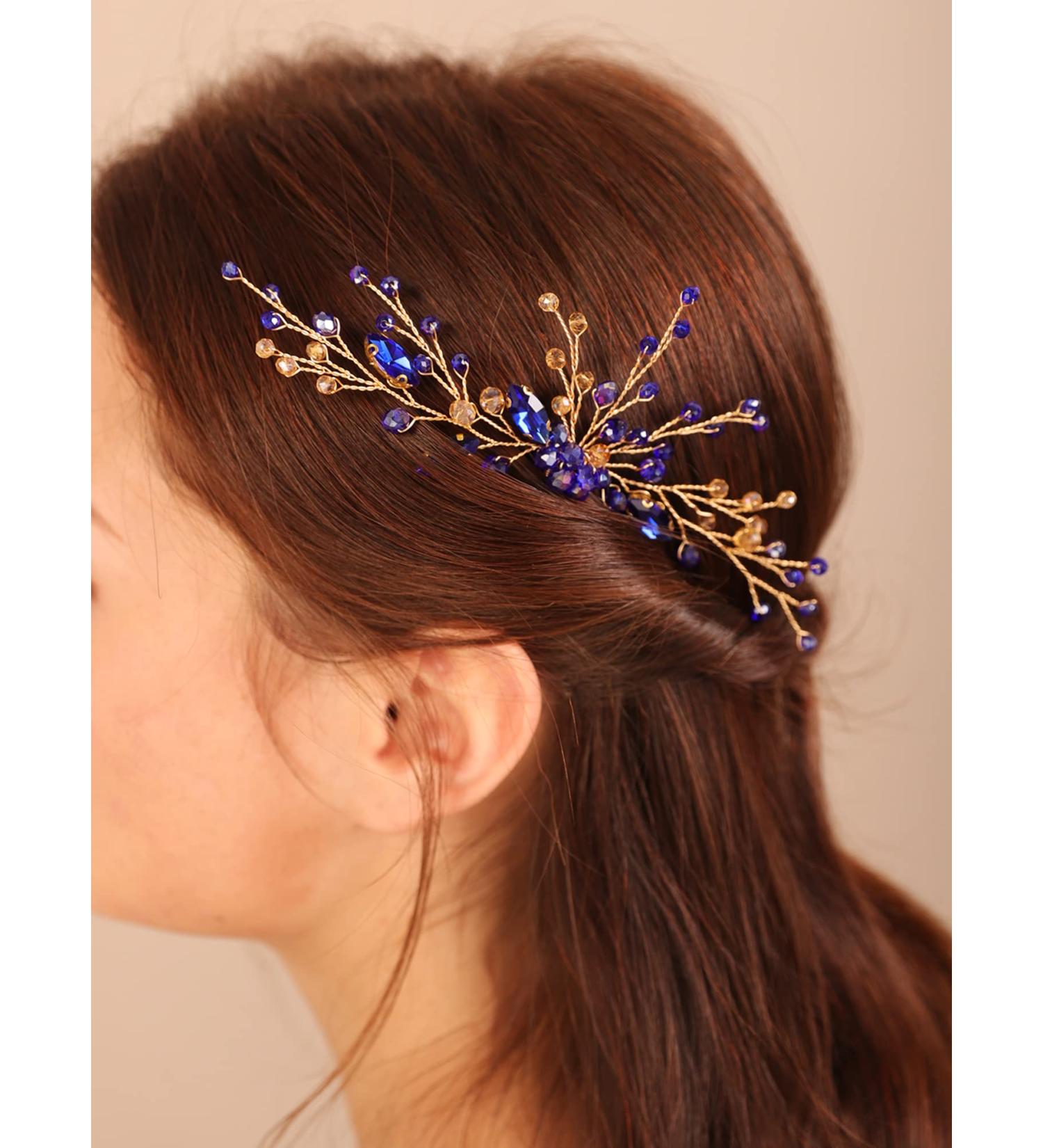 Kercisbeauty Blue Crystal Hair Piece for Wedding Brides - Handmade Bohemian Hair Accessory - Buy Online on GoSupps.com