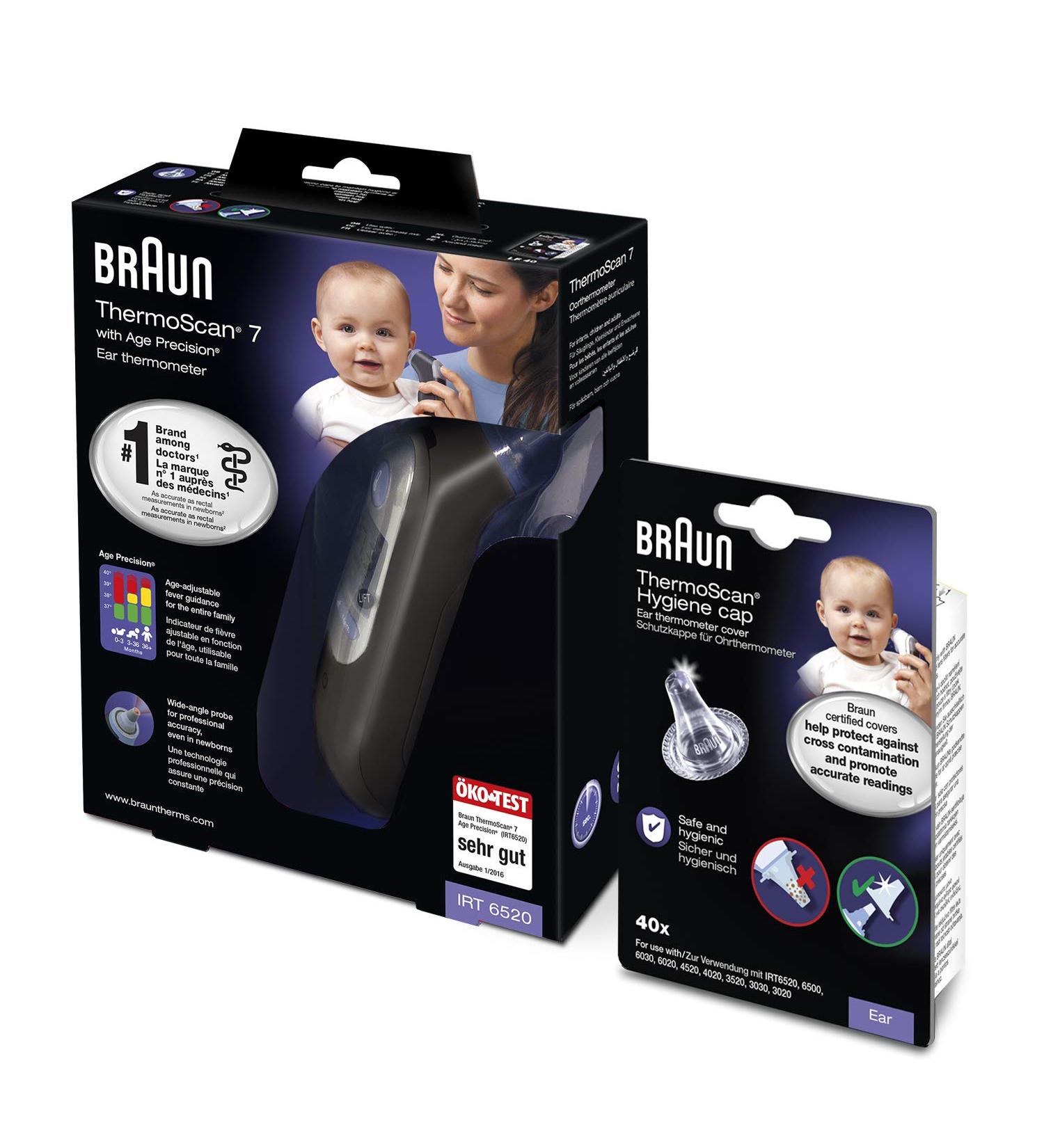 Brown thermoscan 7 ear thermometer with Age Precision - Black Edition and brown spare protection cap for brown thermoscan thermometers 40 pieces