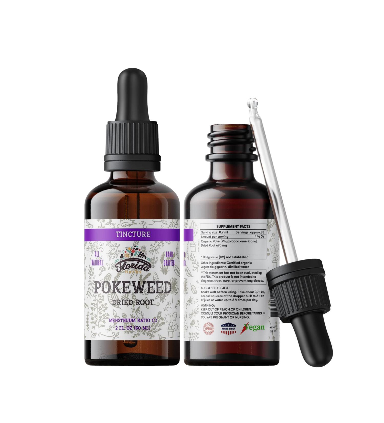 Pokeweed Tincture Organic Poke Extract (Phytolacca Americana) Dried Root Non-GMO in Cold-Pressed Organic Vegetable Glycerin Florida Herbs Supplements 2 Fl Oz (Pack of 1)