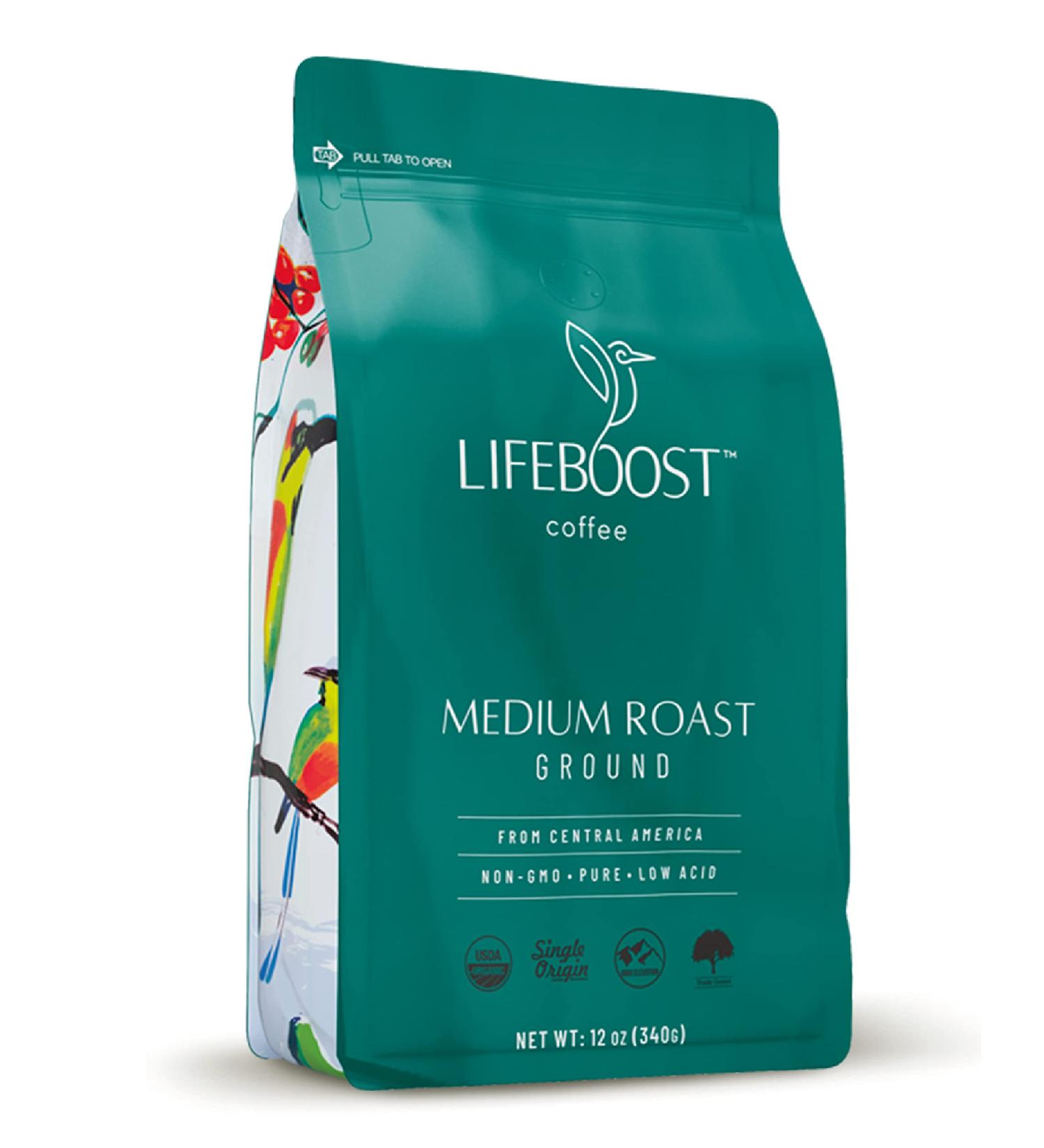 Lifeboost Organic Medium Roast Ground Coffee - Low Acid USDA Certified - Non-GMO, Mycotoxin & Pesticide Tested - 12oz Pack - Buy Online on GoSupps.com