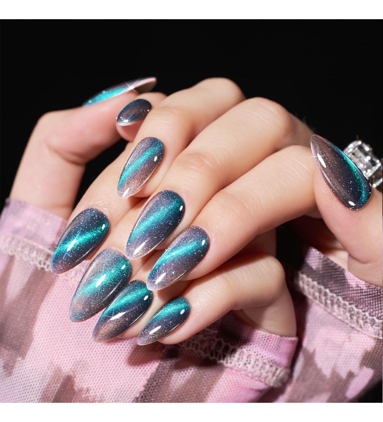 Cat Eye Press on Nails - Grey Almond with Green Glitter | 24 Pcs Handmade Fake Nails Kit for Women & Girls - Glossy Bling Salon Perfect - Buy Online on GoSupps.com