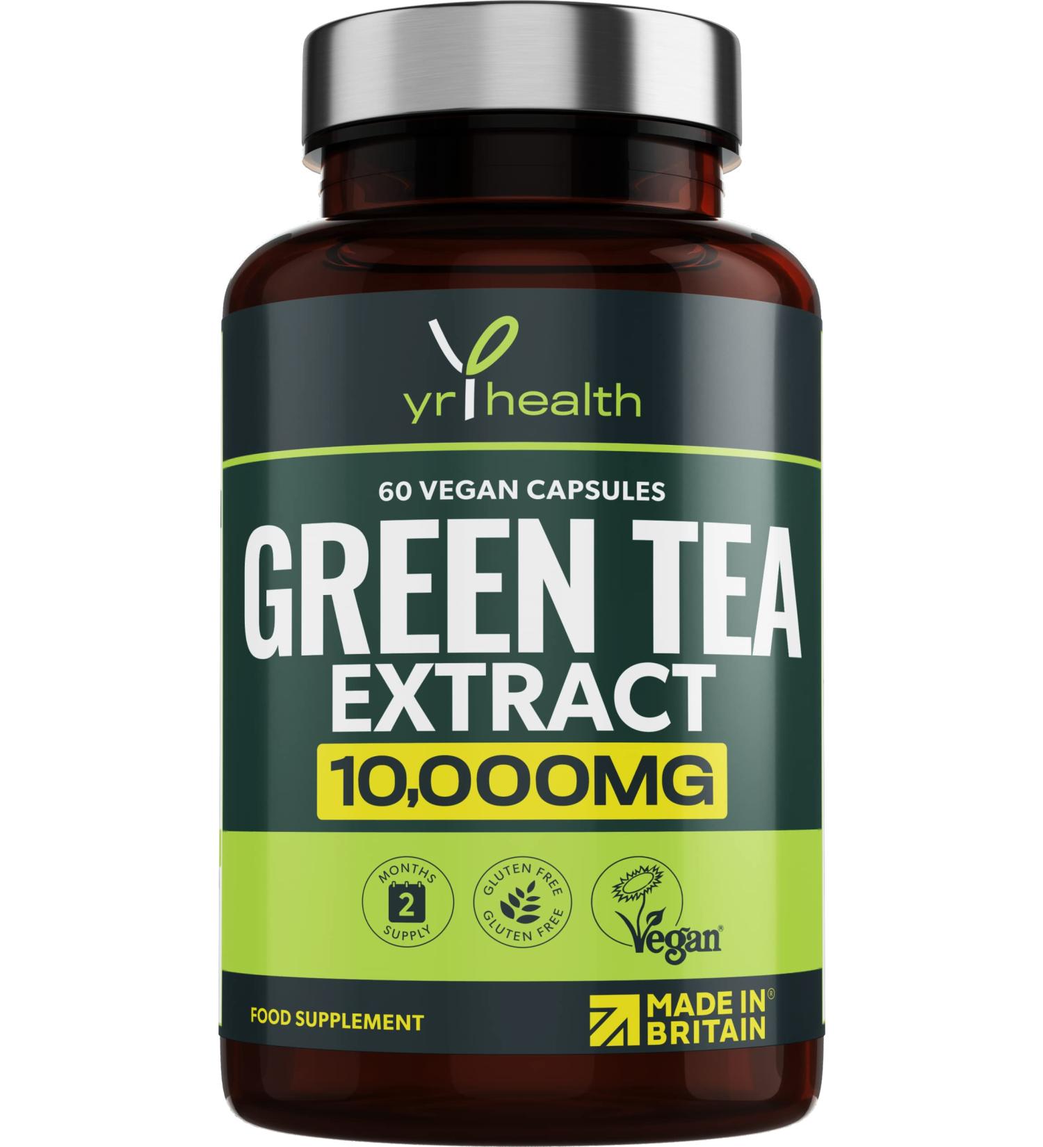 Vegan Green Tea Extract Capsules 10,000mg - Metabolism Booster for Weight Loss - 60 Vegan Capsules - UK Made by YrHealth - Buy Online on GoSupps.com