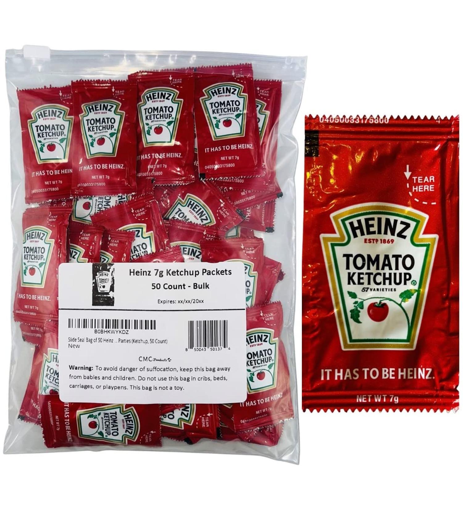 50 Count - Heinz 7g Ketchup Packets - Ketchup Condiment Packs Bundled in LK Plastic Slide Seal Food Storage Bag Packaged by CMC Products