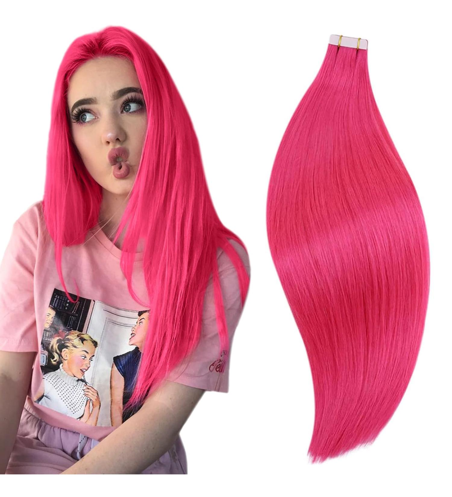 RUNATURE 18 Inch Pink Tape in Human Hair Extensions for Highlights | 25g Hot Pink Real Hair Tape Extensions - Buy Online on GoSupps.com