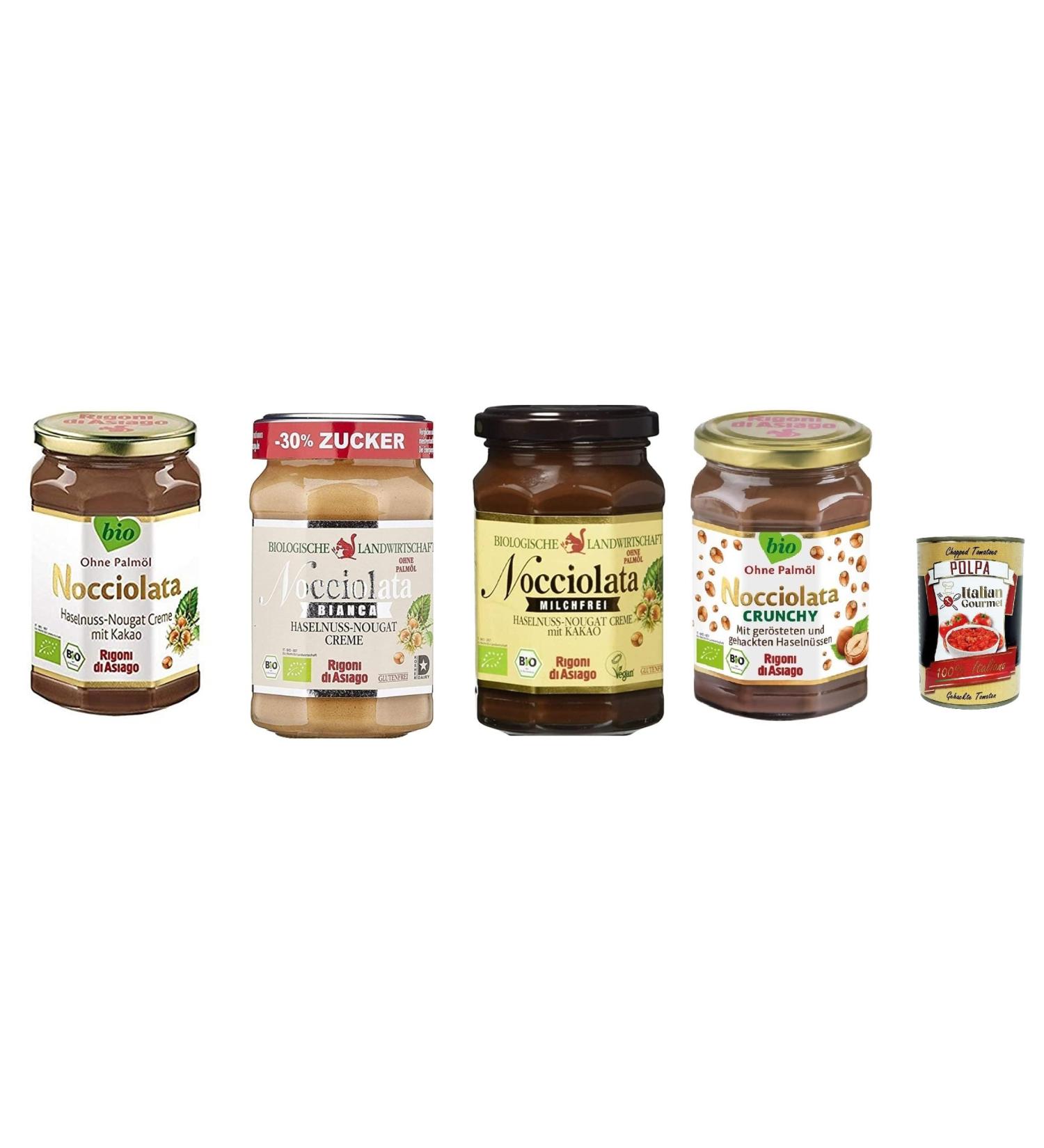 Italian Gourmet E.R. Rigoni di Asiago Nocciolata Milk Free and Bianca 2 x Crunchy 3 x 270 g + 1 x 250 g Hazelnut Cream without Palm Oil Nougat Cream without Palm Oil Spread + Italian Gourmet Polpa - Buy Online on GoSupps.com