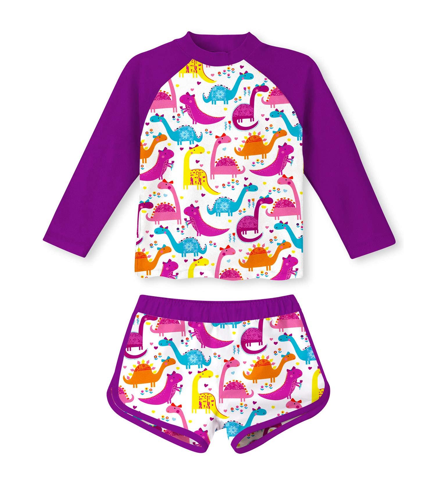 Girls Purple Dinosaur Two Piece Swimsuit Set | UPF 50+ Protection | Ages 4-10 - Buy Online on GoSupps.com