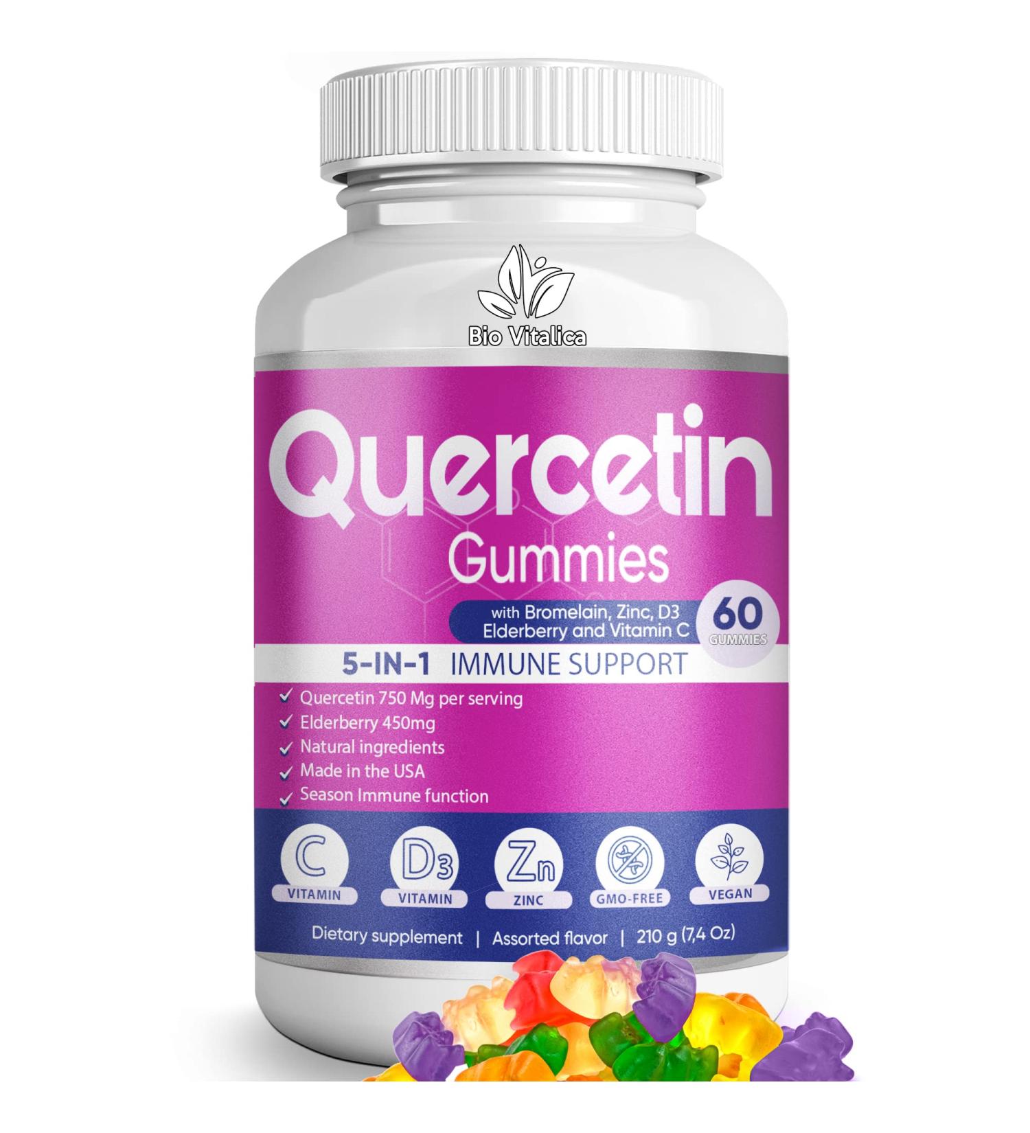 BioVitalica Quercetin Gummies - Immune Support with Bromelain, Vitamin C, Zinc, Elderberry & D3 - 750mg for Kids & Adults - Buy Online on GoSupps.com