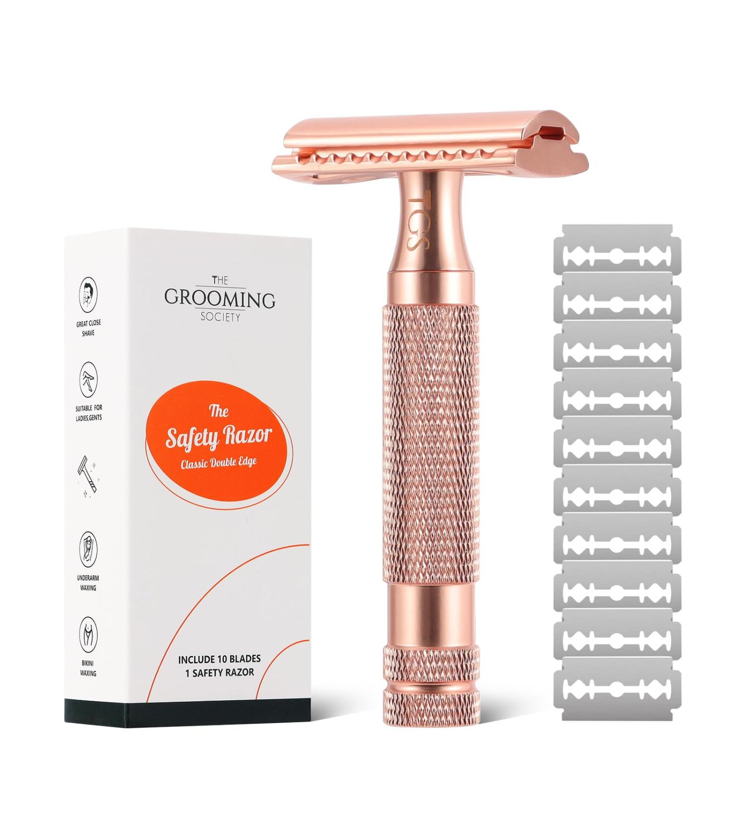 Women's Double Edge Safety Razor - Rose Gold Portable & Reusable Smooth Closed Shave Includes 10 Blades - Perfect for Travel - Buy Online on GoSupps.com
