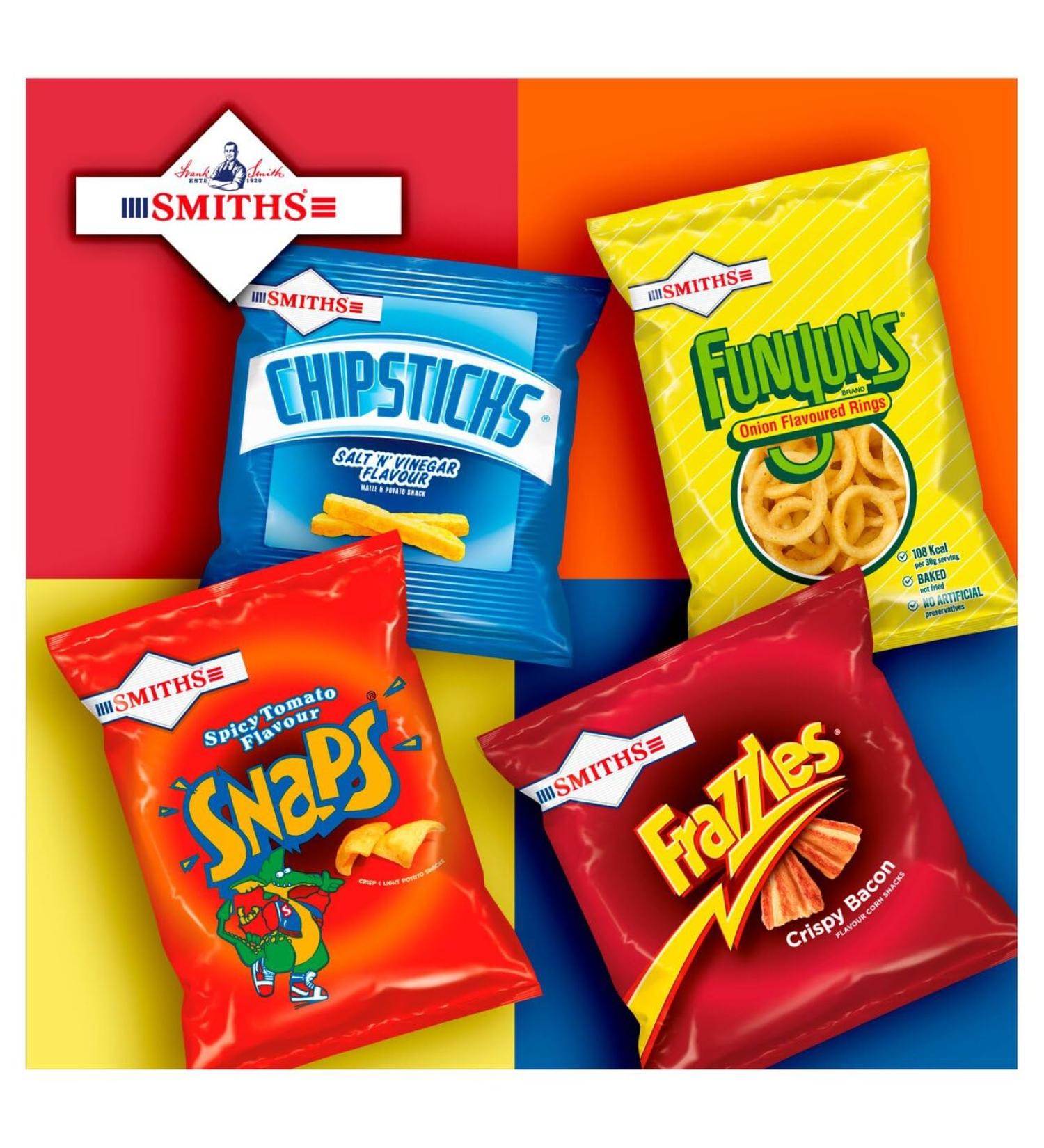 Smiths Savoury Snacks Selection Choose From 5 Choices. Chipsticks SV Spicy Tomato Snaps Frazzles Crispy Bacon Bacon Fries and Scampi Fries 24g to 37g Packs