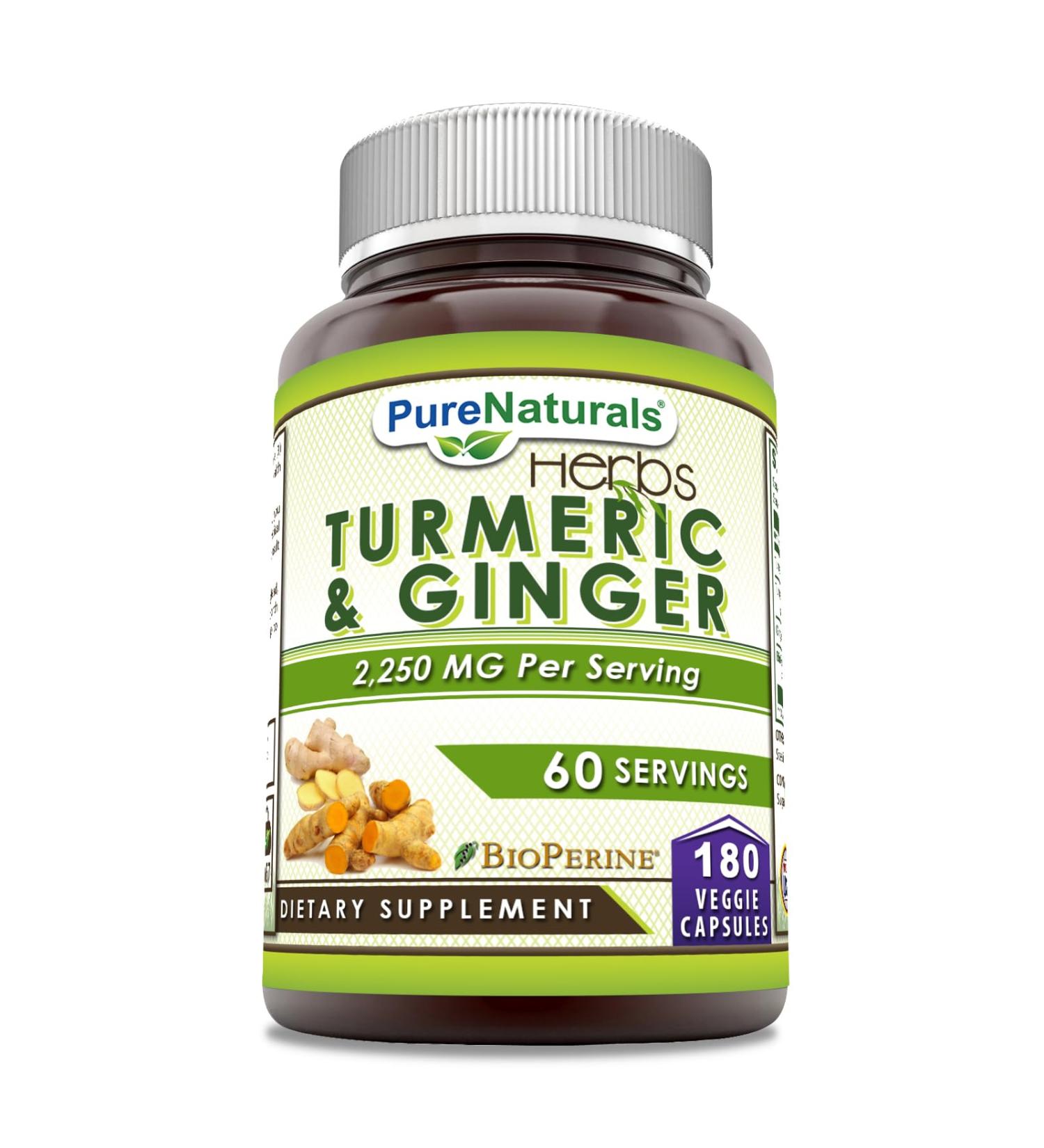 Pure Naturals Turmeric Curcumin & Ginger with BioPerine 2250 mg Per Serving 180 Veggie Capsules | Non-GMO | Gluten Free | Made in USA