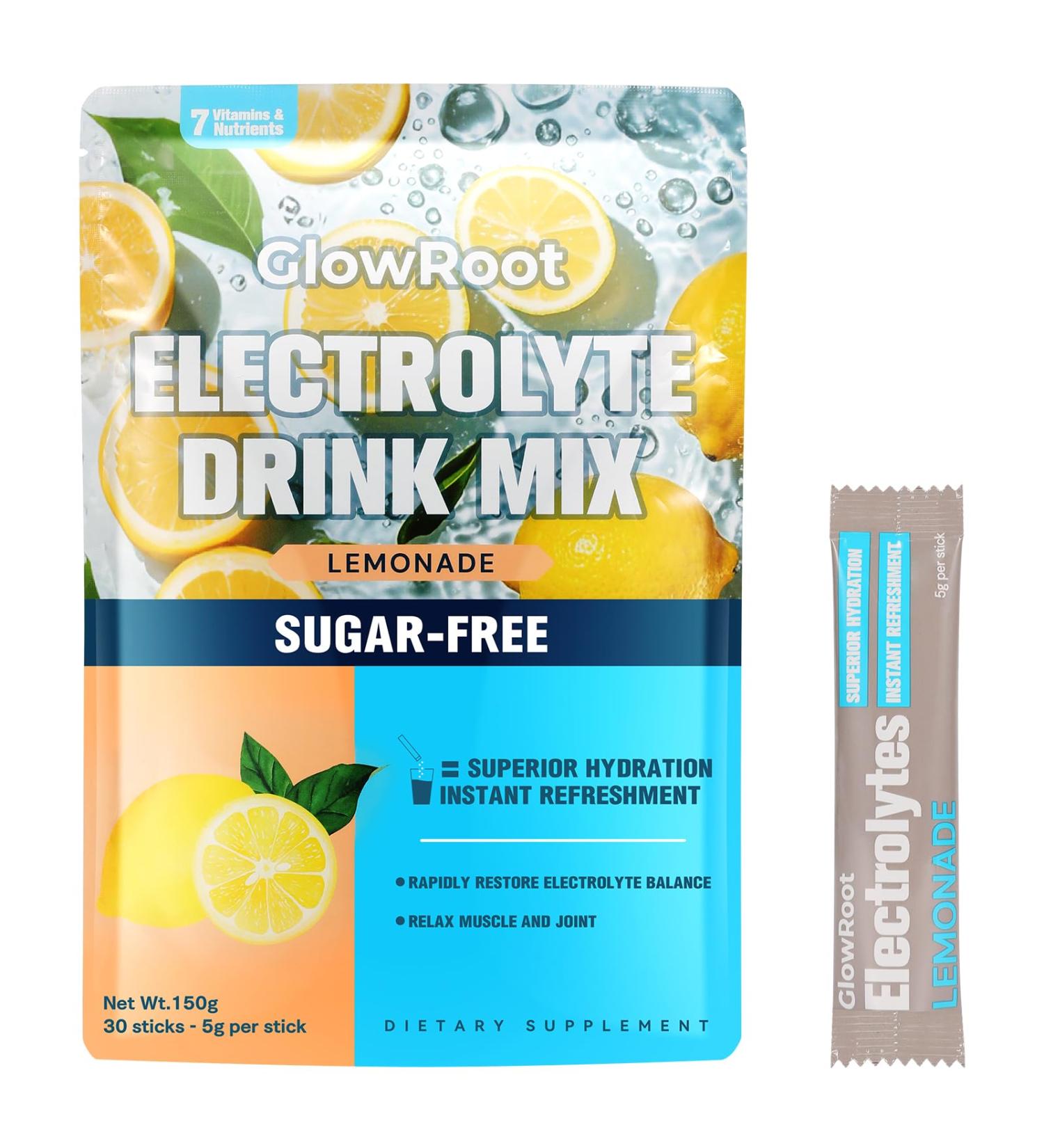 GlowRoot Daily Electrolyte Drink Lemonade Flavor 30 Stickpacks * 5g Hydration Packets with 7 Electrolytes & Minerals - Non- GMO Keto Friendly & Sugar-Free Electrolyte Powder - 150g - Buy Online on GoSupps.com