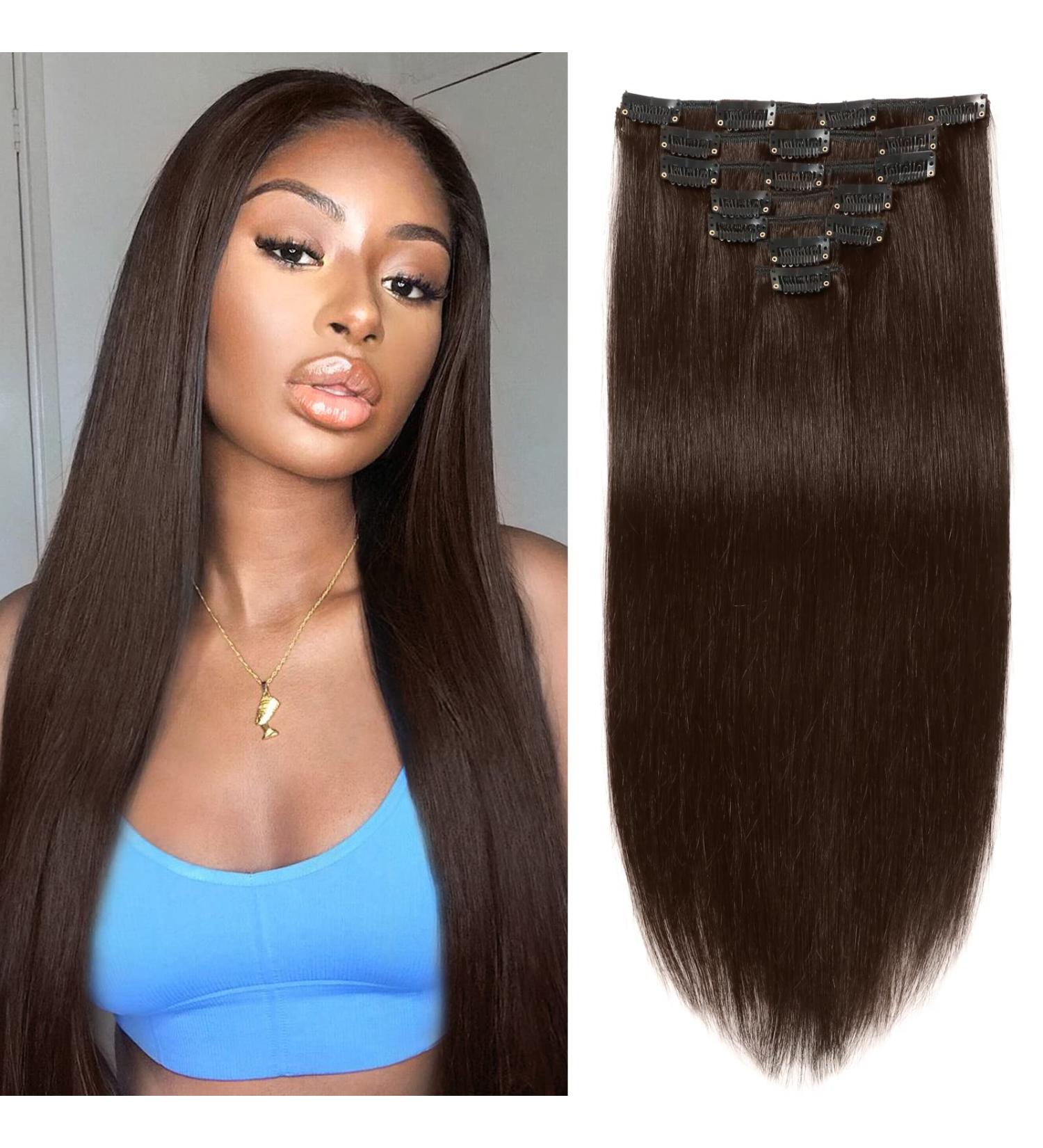 20 Clip in Hair Extensions Real Human Hair for Black Women - 2 Dark Brown Color - Remy Human Hair, Full Head, 7 Pcs, 16 Clips - Buy Online on GoSupps.com