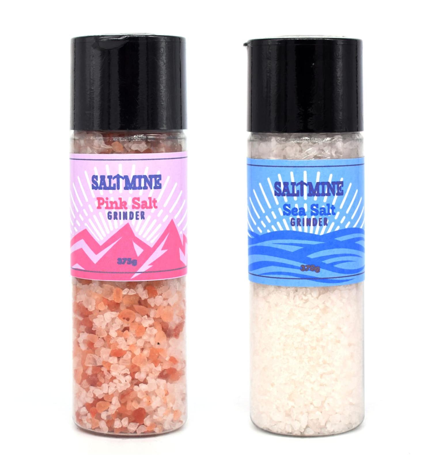 SaltMine Set of 2 Salt Grinders (375g of Himalayan Pink Rock Salt & 370g of Atlantic Sea Salt)