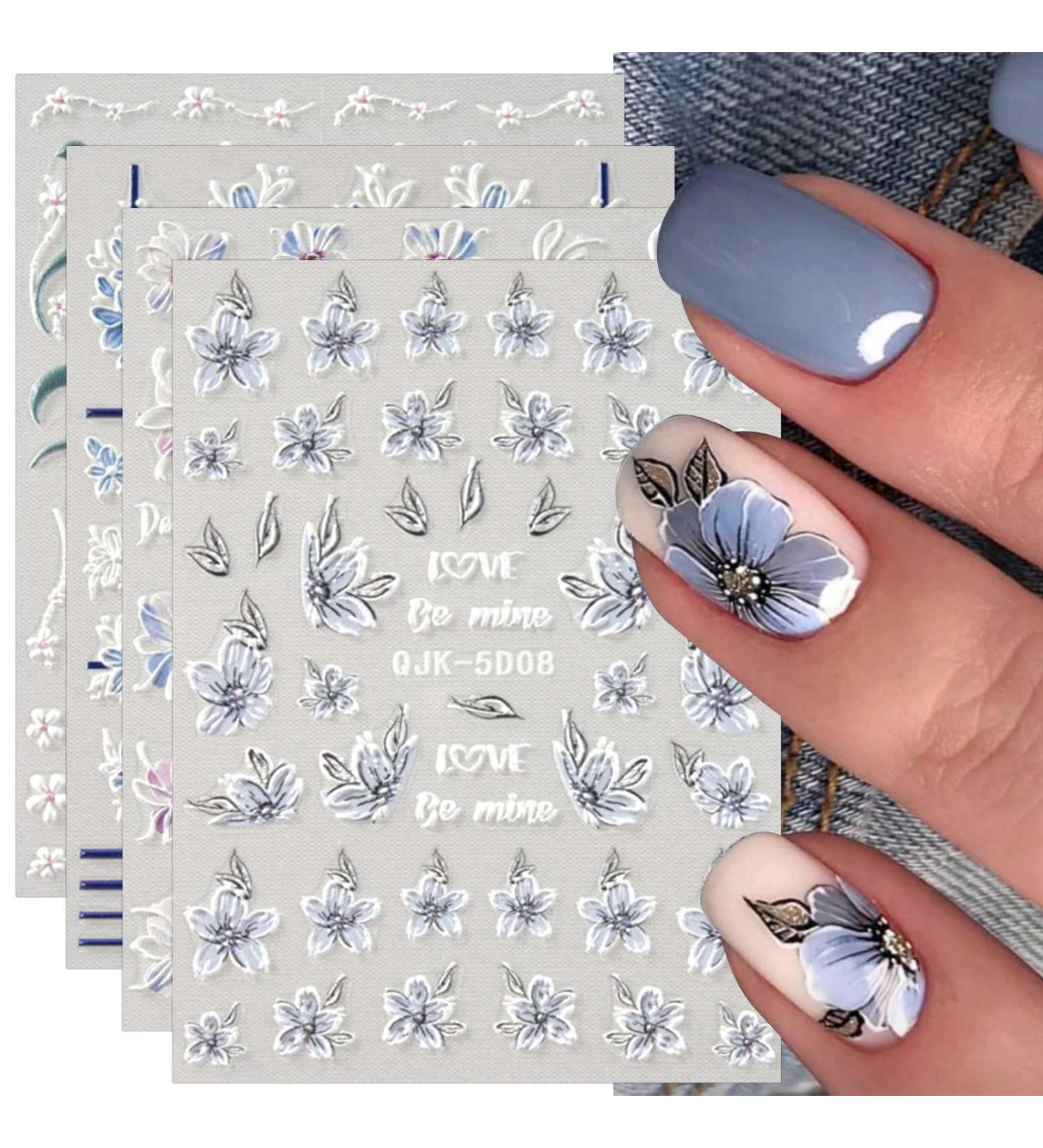 JMEOWIO 3D Embossed Spring Flower Nail Art Stickers - 5D Colorful Floral Decals for Summer Nail Design | Self-Adhesive Nail Supplies - 4 Sheets - Buy Online on GoSupps.com