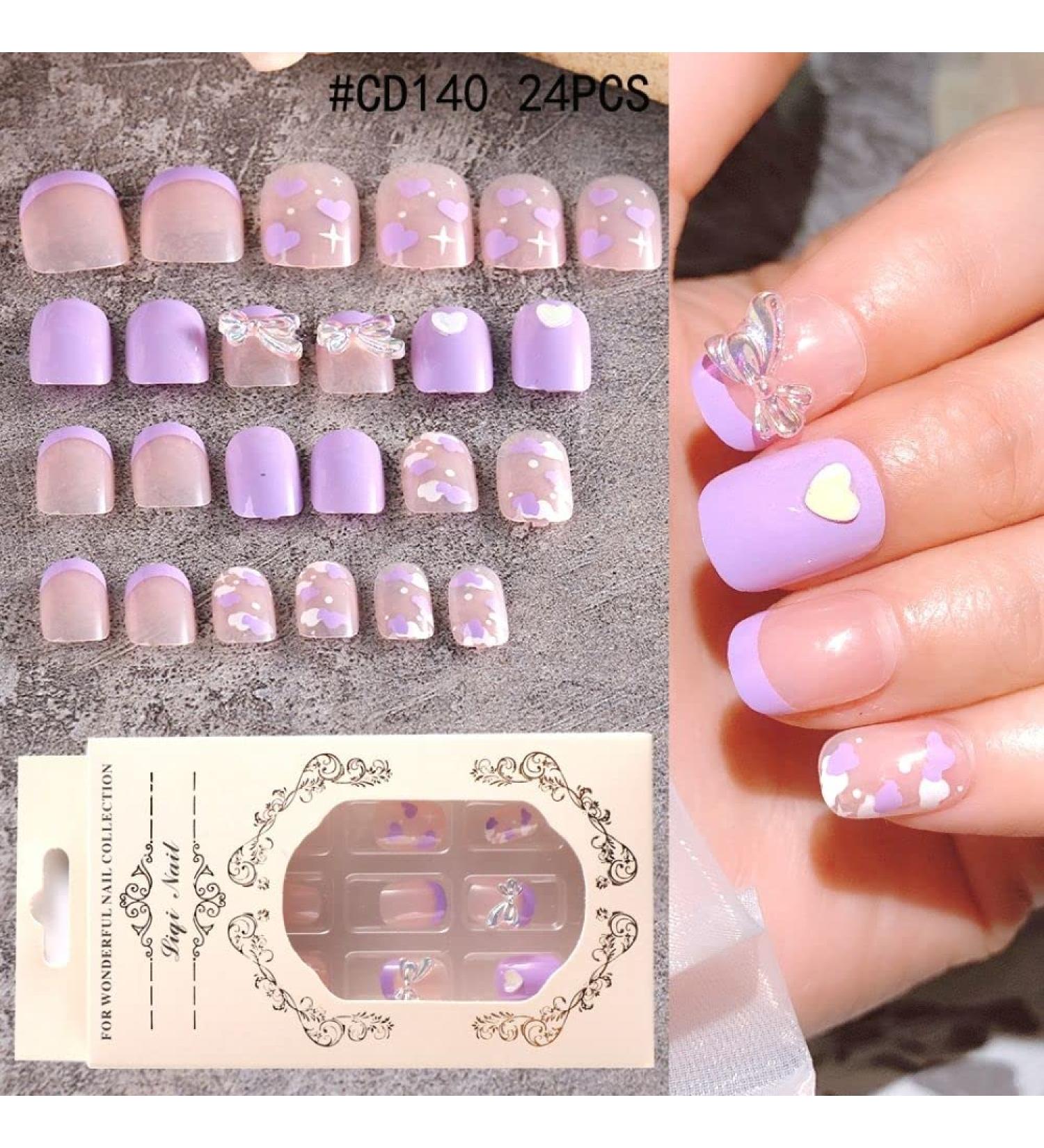 Acrylic Press On Nail Art Tips with Jelly Stickers Fake Nails Love Heart Short Square Pink Purple(CD140) - Buy Online on GoSupps.com