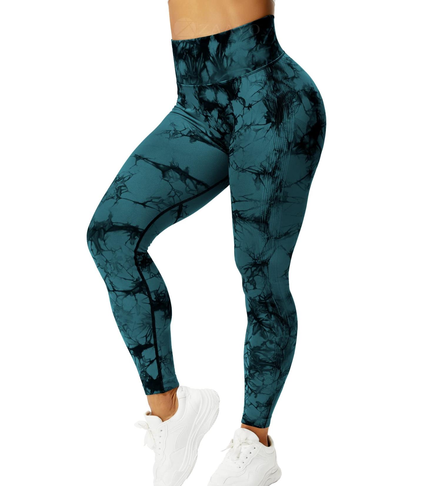 ZAAYO Women's Gym Leggings - Booty Scrunch High Waist Seamless Yoga Pants - Tie Dye Blue Green - XS - Buy Online on GoSupps.com