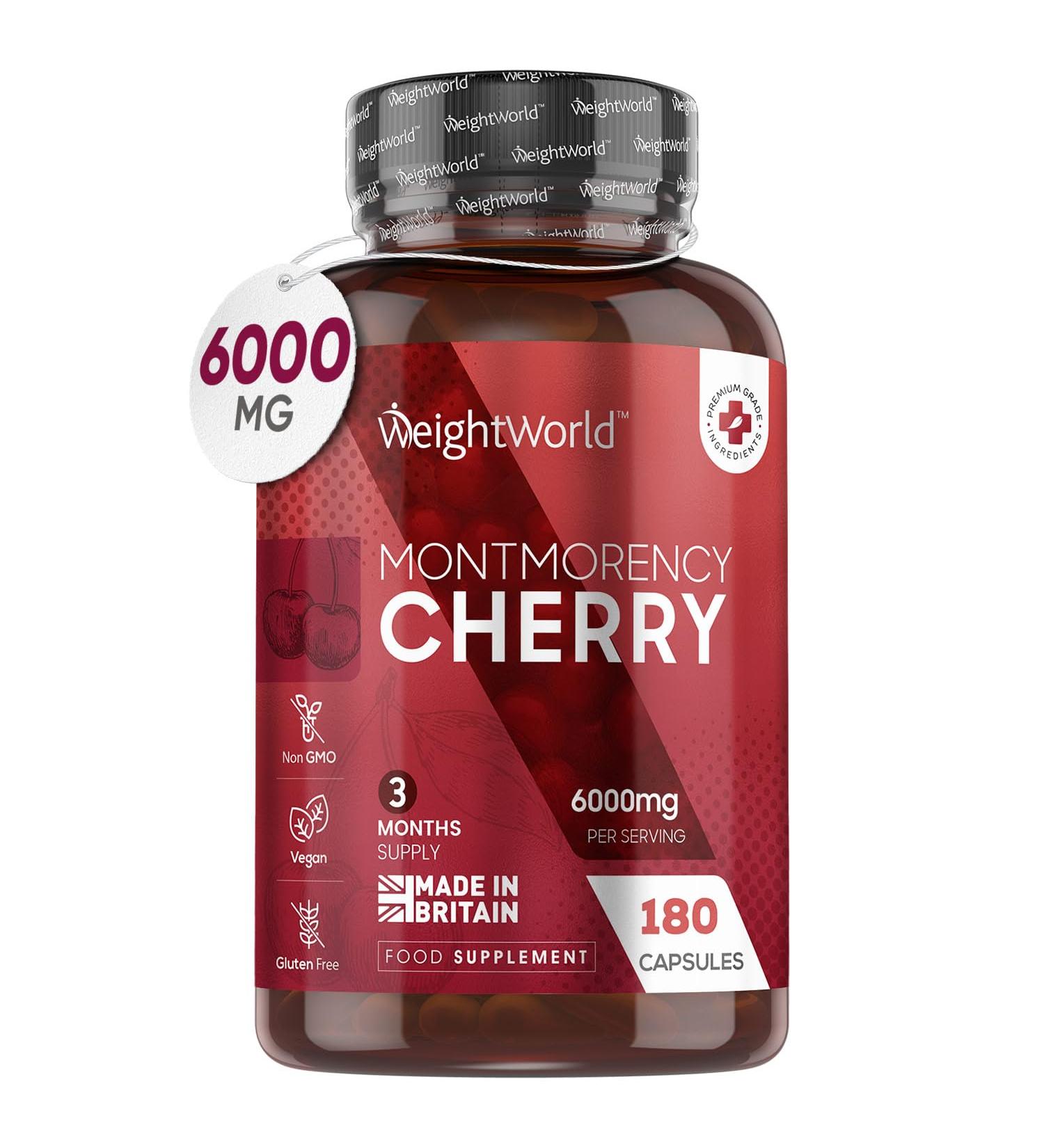 Montmorency Cherry Capsules 6000mg - 180 Count - Natural Tart Cherry Extract Supplement - Vegan & Gluten Free - Non-GMO - UK Made - Buy Online on GoSupps.com