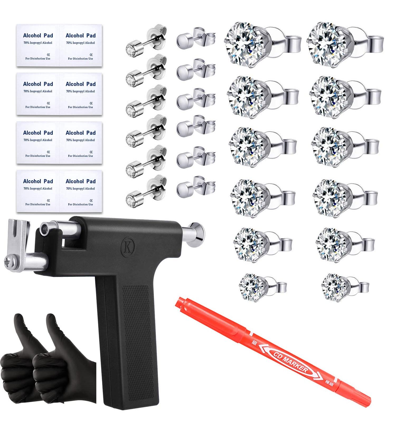 Self Ear Piercing Gun Kit with 12 Pairs of CZ Ear Studs - Salon and Home Use - Buy Online on GoSupps.com