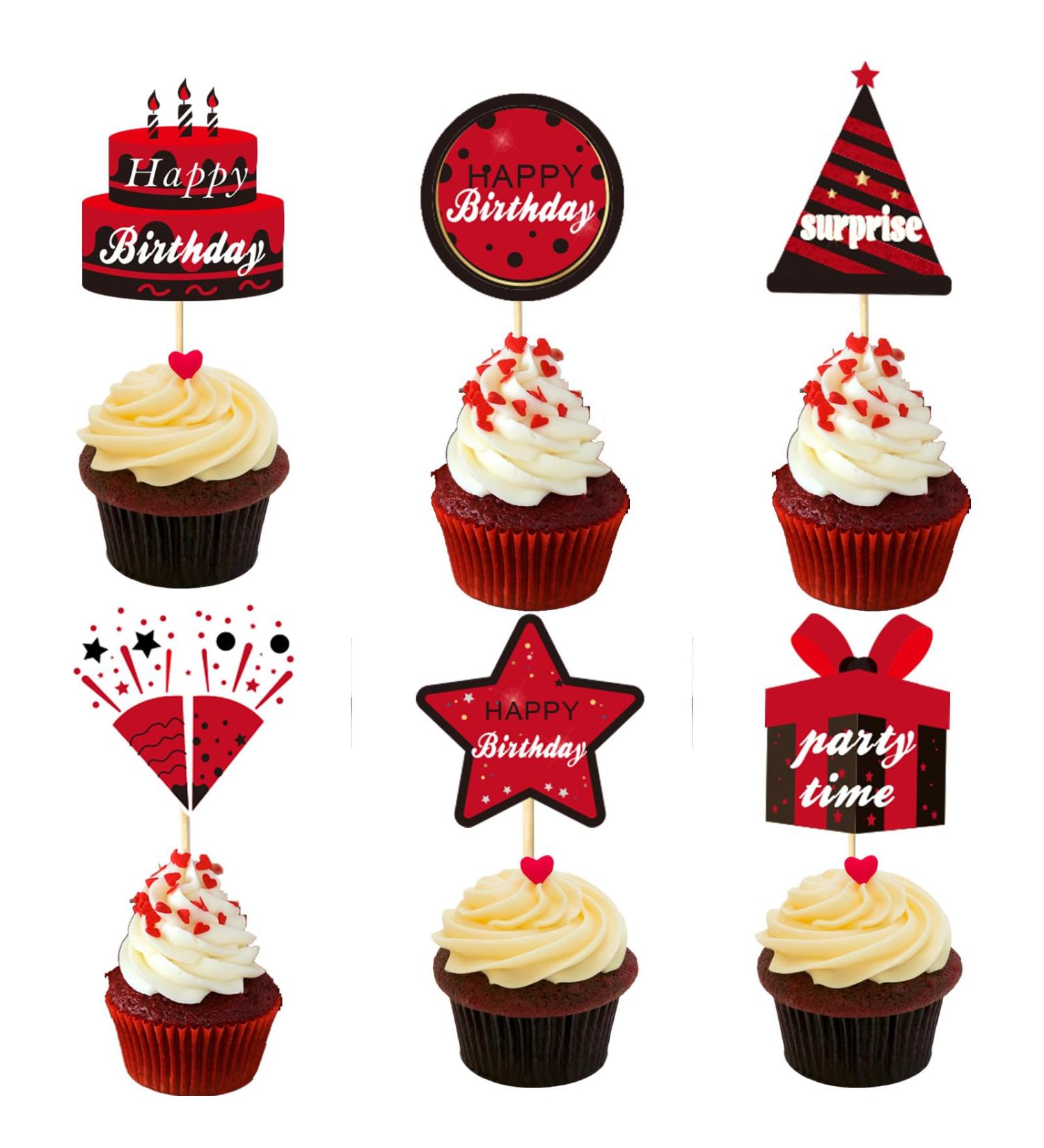 36PCS Black Red Happy Birthday Cupcake Topper Decorations for Men Women Happy Birthday Cake Topper Party Supplies Birthday Cupcake Picks Cake Decor - Buy Online on GoSupps.com