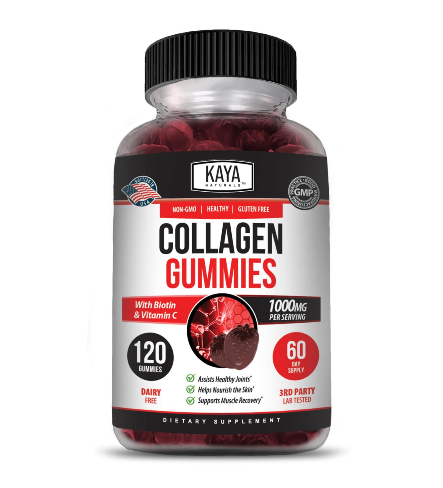 Kaya Naturals Collagen Gummy for Men & Women 120 Count 1000mg of Hydrolyzed Collagen Vitamin C Selenium & Biotin Collagen/Strawberry Flavor (120 Gummies) 120 Count (Pack of 1) - Buy Online on GoSupps.com