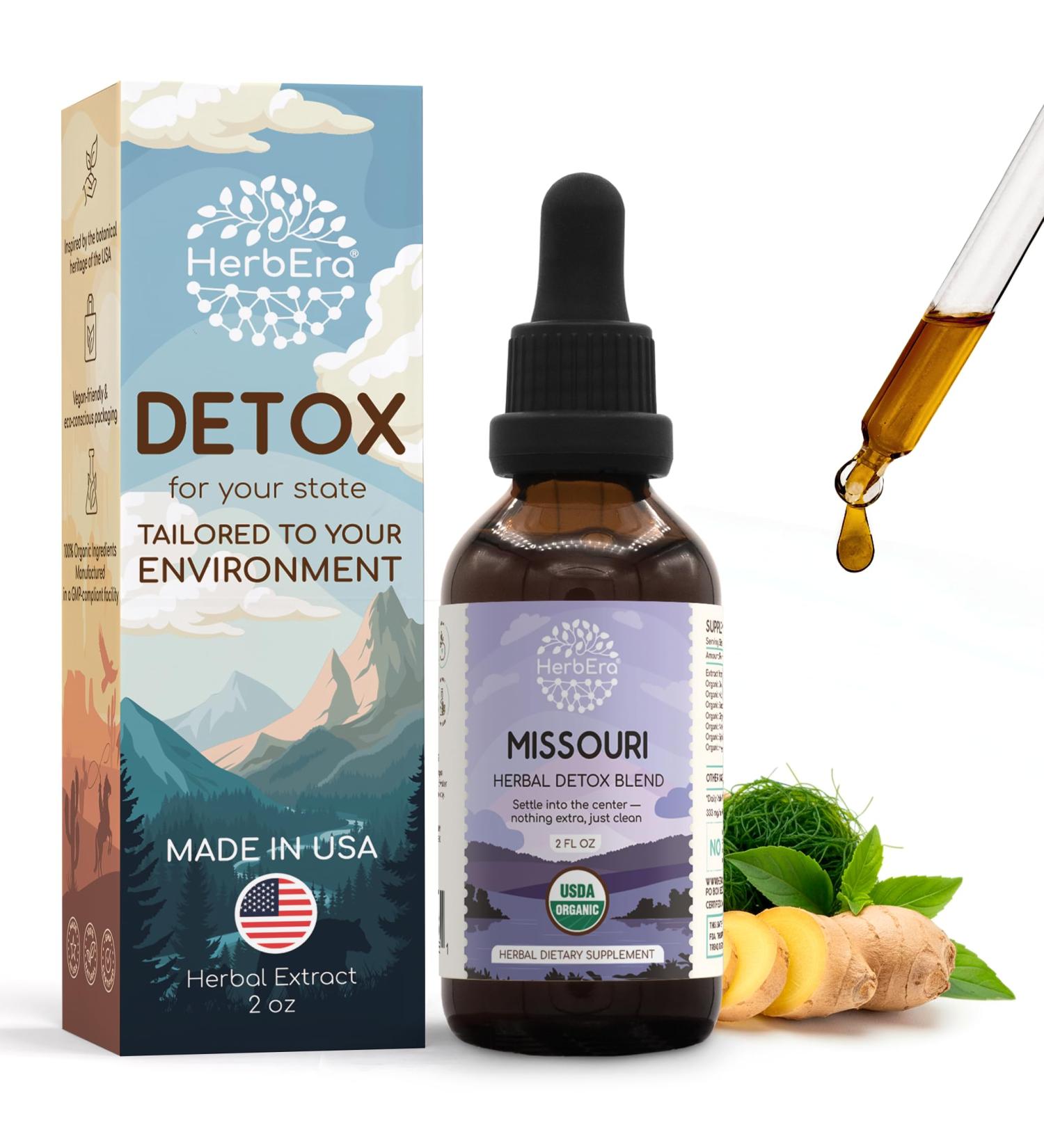 HerbEra Missouri Herbal Detox Blend - USDA Organic Extract Made in USA | Immune & Liver Support Liquid Drops | Dandelion Root Ginger Milk Thistle Sarsaparilla Holy Basil | 2 fl oz - Buy Online on GoSupps.com