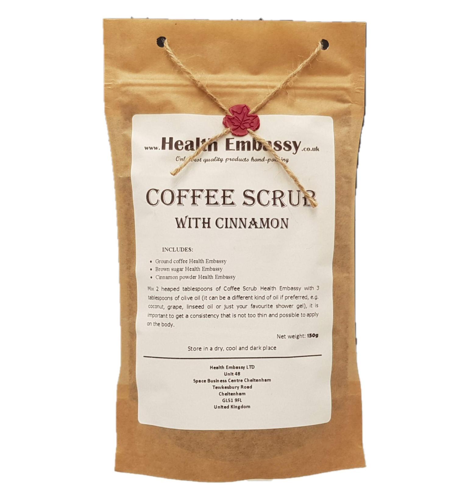 Health Embassy Coffee Scrub with Cinnamon - 150g | Natural Exfoliating Body Scrub for Glowing Skin - Shop Internationally - Buy Online on GoSupps.com