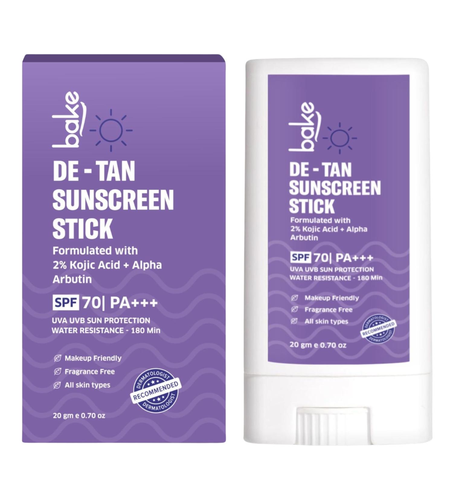 BAKE De-Tan Water Resistant Sunscreen Stick SPF 70 PA++++ with 2% Kojic Acid & Alpha Arbutin | Lightweight No White Cast | For All Skin Types | For Pigmentation & Dark Spots - 20g - Buy Online on GoSupps.com