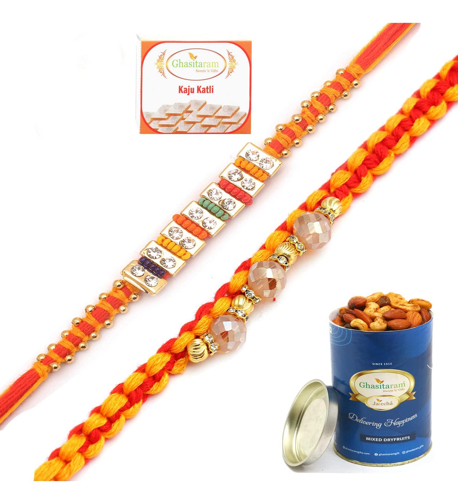 Ghasitaram Gifts Rakhi for Brother Rakhis Online - Set of 2 Glittering Thread and Multicolour Stone Premium Rakhis with 100 GMS of Dryfruits Mix Can 200 GMS of Kaju katli - Buy Online on GoSupps.com