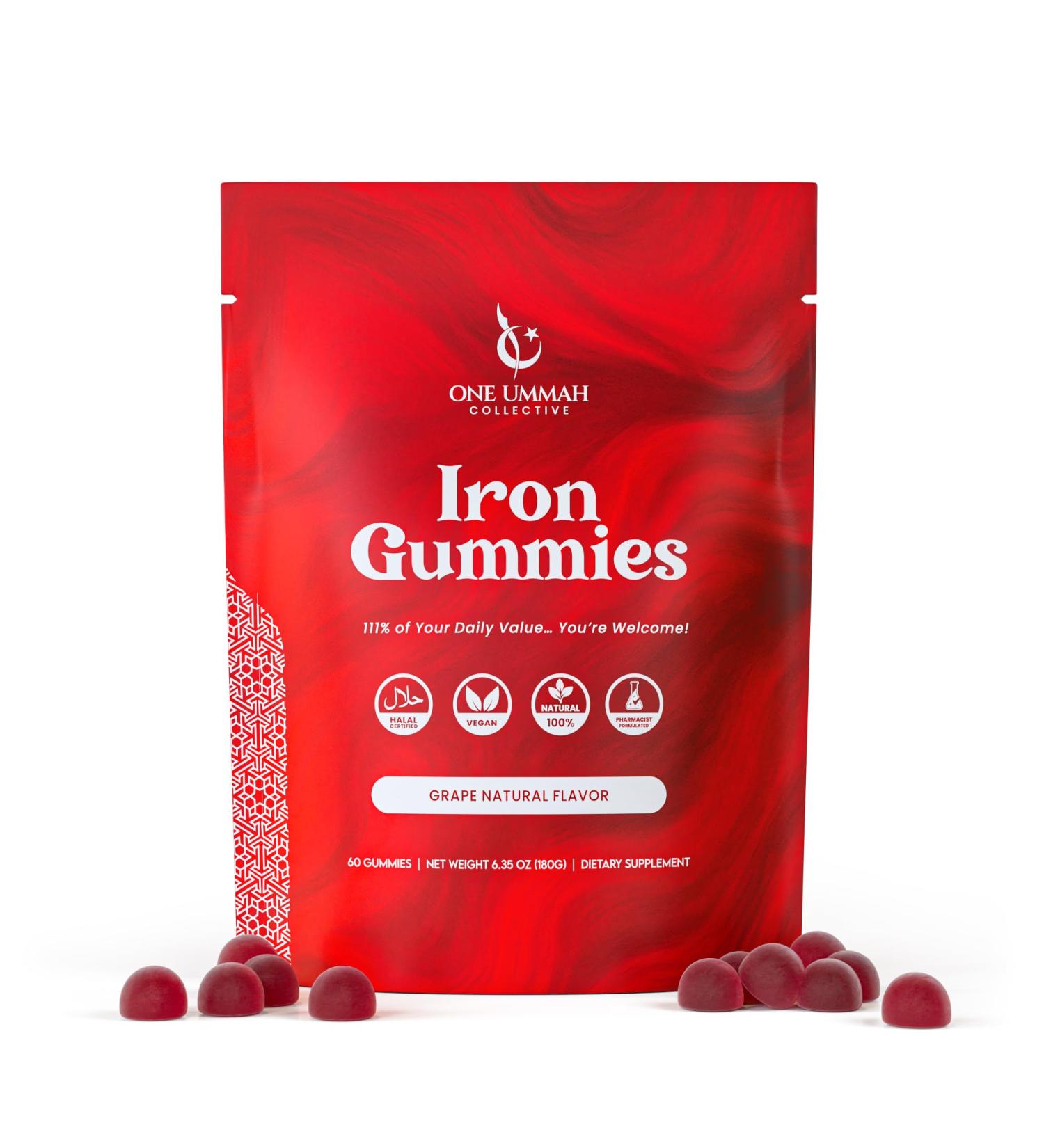 Halal Certified Iron Gummies - Vegan Iron 20mg Gummy Supplement with Vitamin C - Non-Constipation High Absorption & Accurate Dosing - 60 Count Tasty Berry Flavor - Buy Online on GoSupps.com