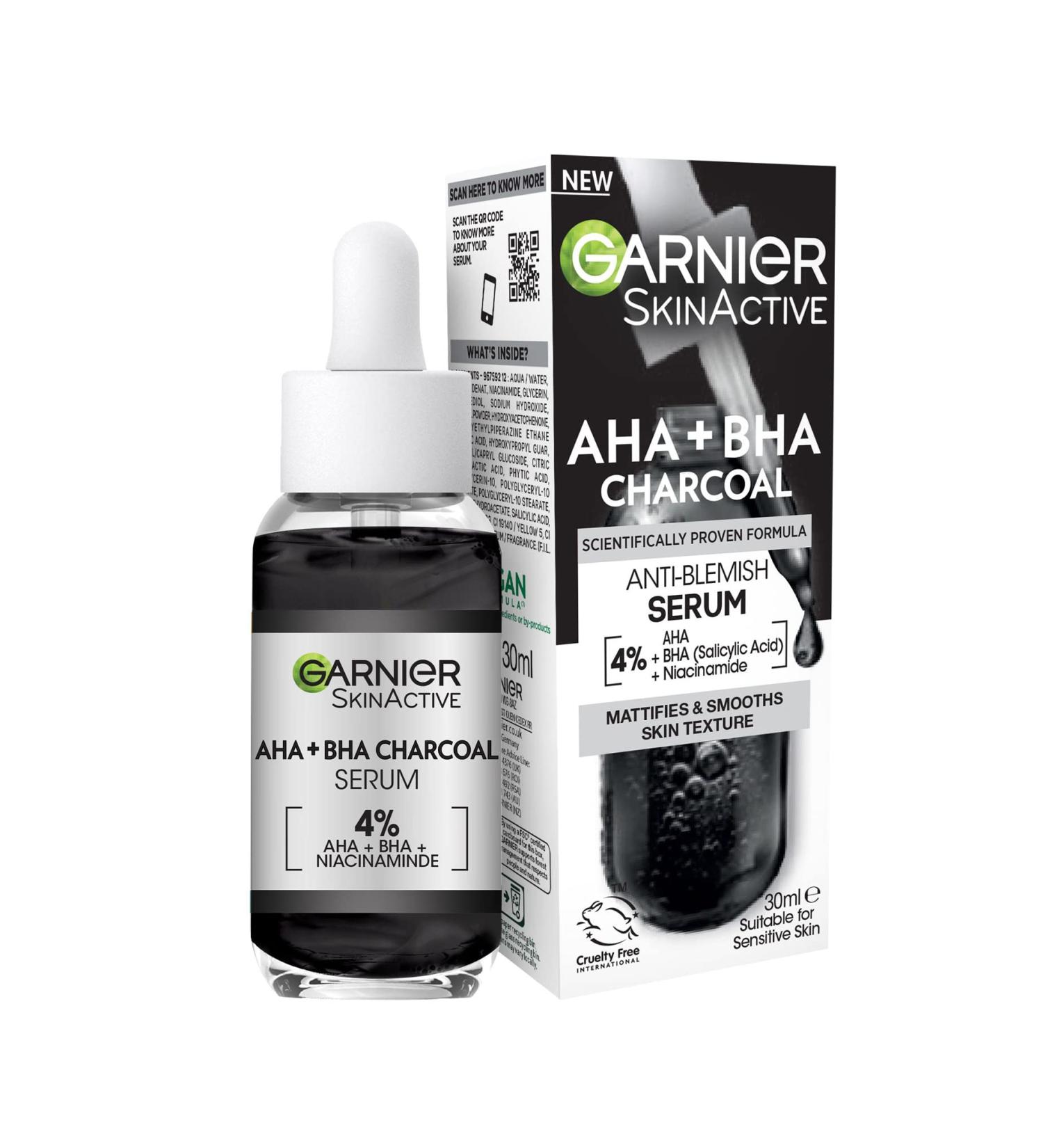 Garnier Skinactive 4% AHA BHA Charcoal Serum with Niacinamide | Resurface & Smooth Skin | Improve Marks & Blemishes | 30ml - Buy Online on GoSupps.com