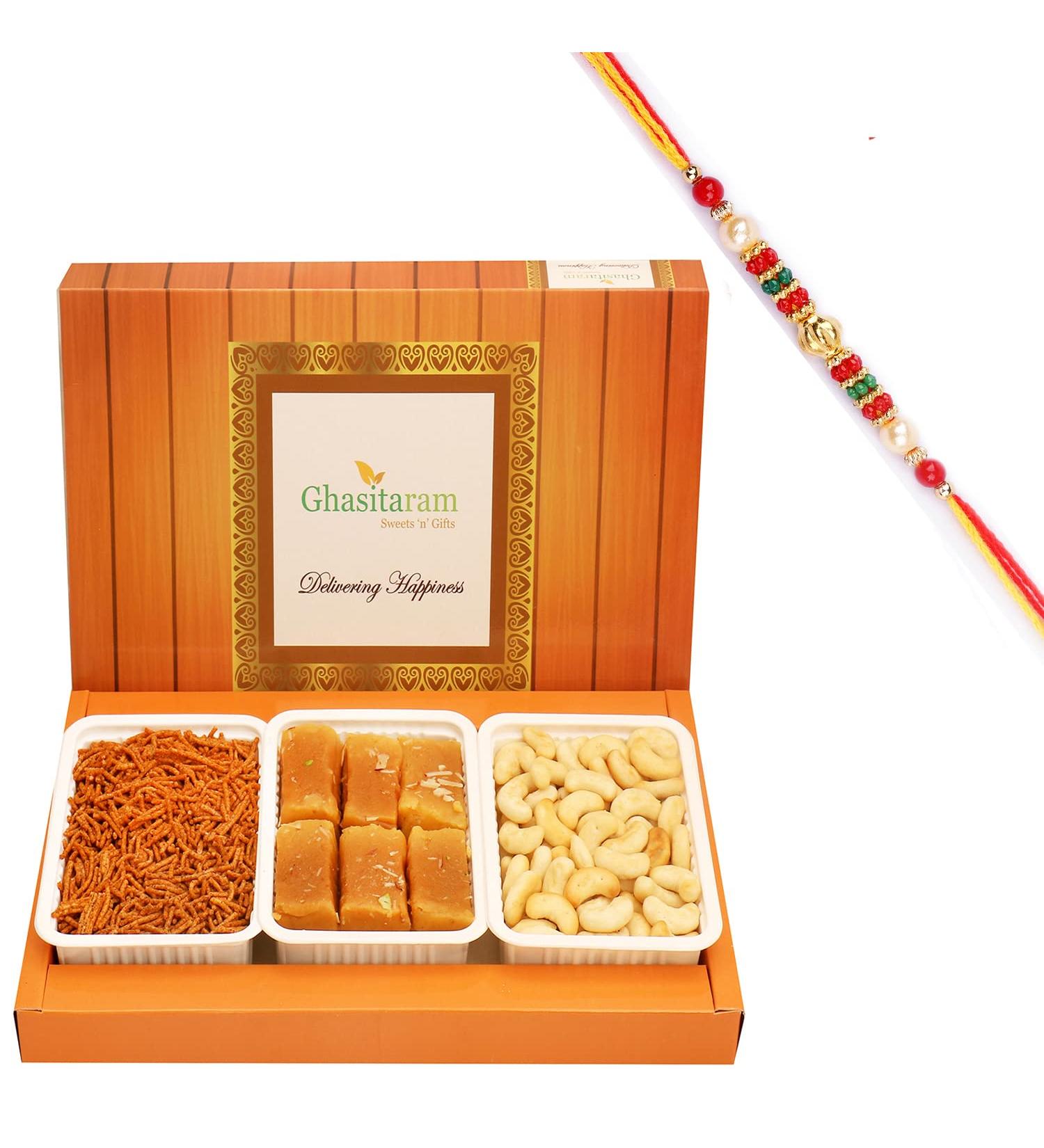 Ghasitaram Gifts Rakhi Gifts for Brothers Rakhi Sweets - Assorted Box of Mysore Pak SOYA Sev and Cashew Shaped Biscuits with Pearl Beads Rakhi - Buy Online on GoSupps.com