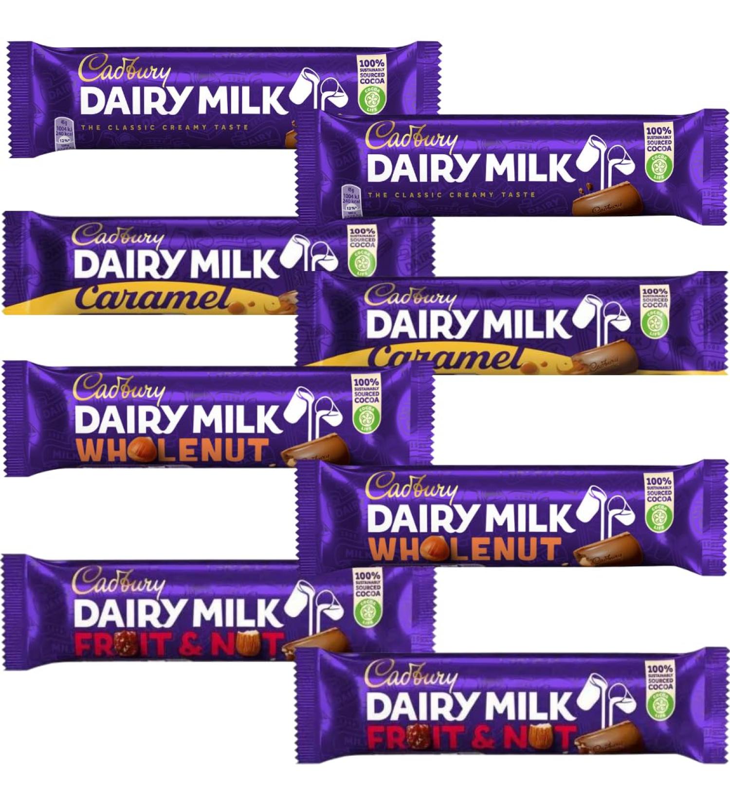Chocolate Bar Bundle With Dairy Milk Caramel Chocolate Bar 45g x2 Whole Nut Chocolate Bar 45g x2 Fruit & Nut Chocolate Bar 49g x2 & Milk Chocolate Bar 45g x2 (8 Pack) - Buy Online on GoSupps.com
