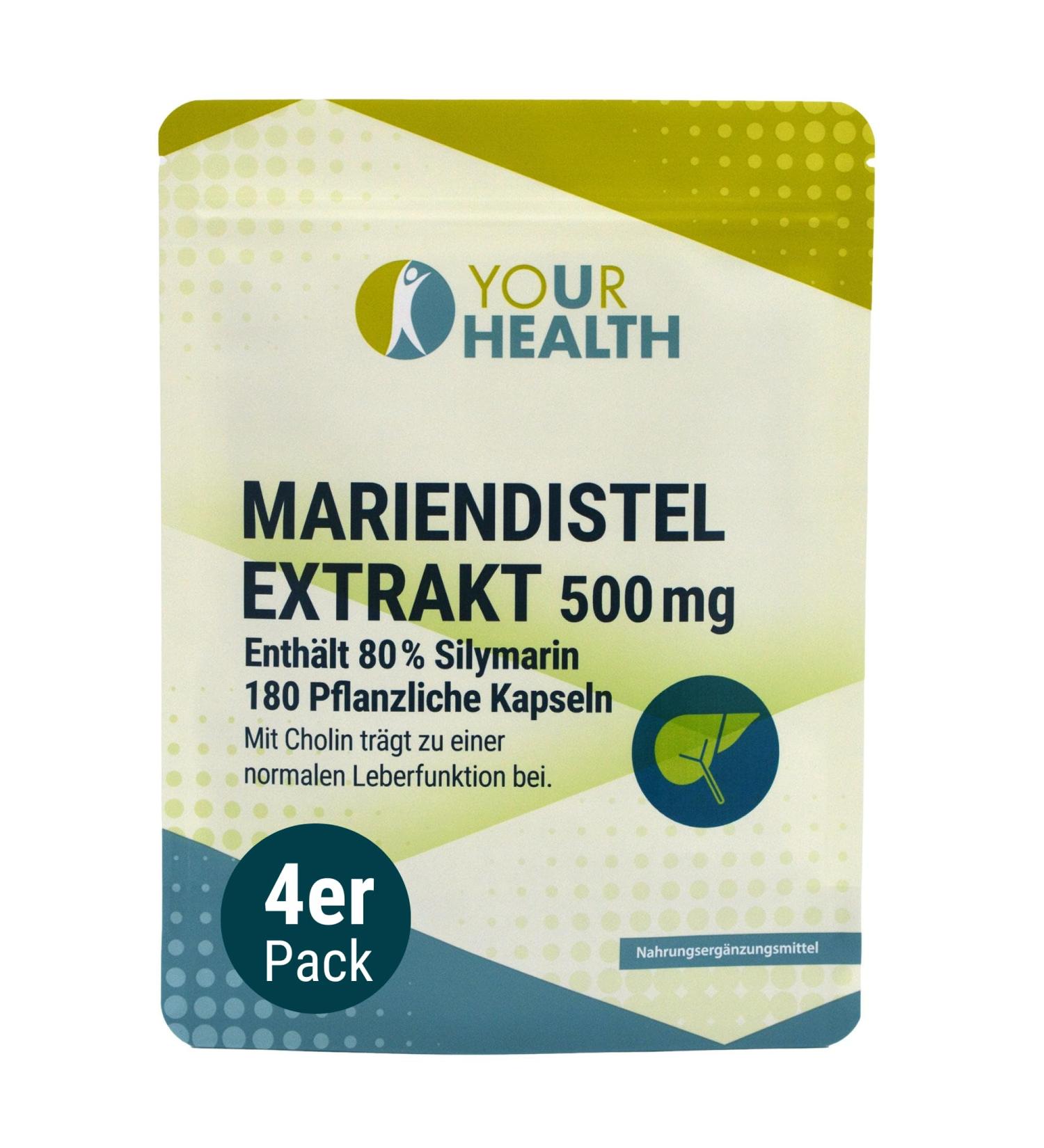  YOUR HEALTH Mary's sausage extract 500 mg - Contains 80% silymarin in vegetable capsules - With choline - 720 capsules (pack of 4) - Buy Online on GoSupps.com