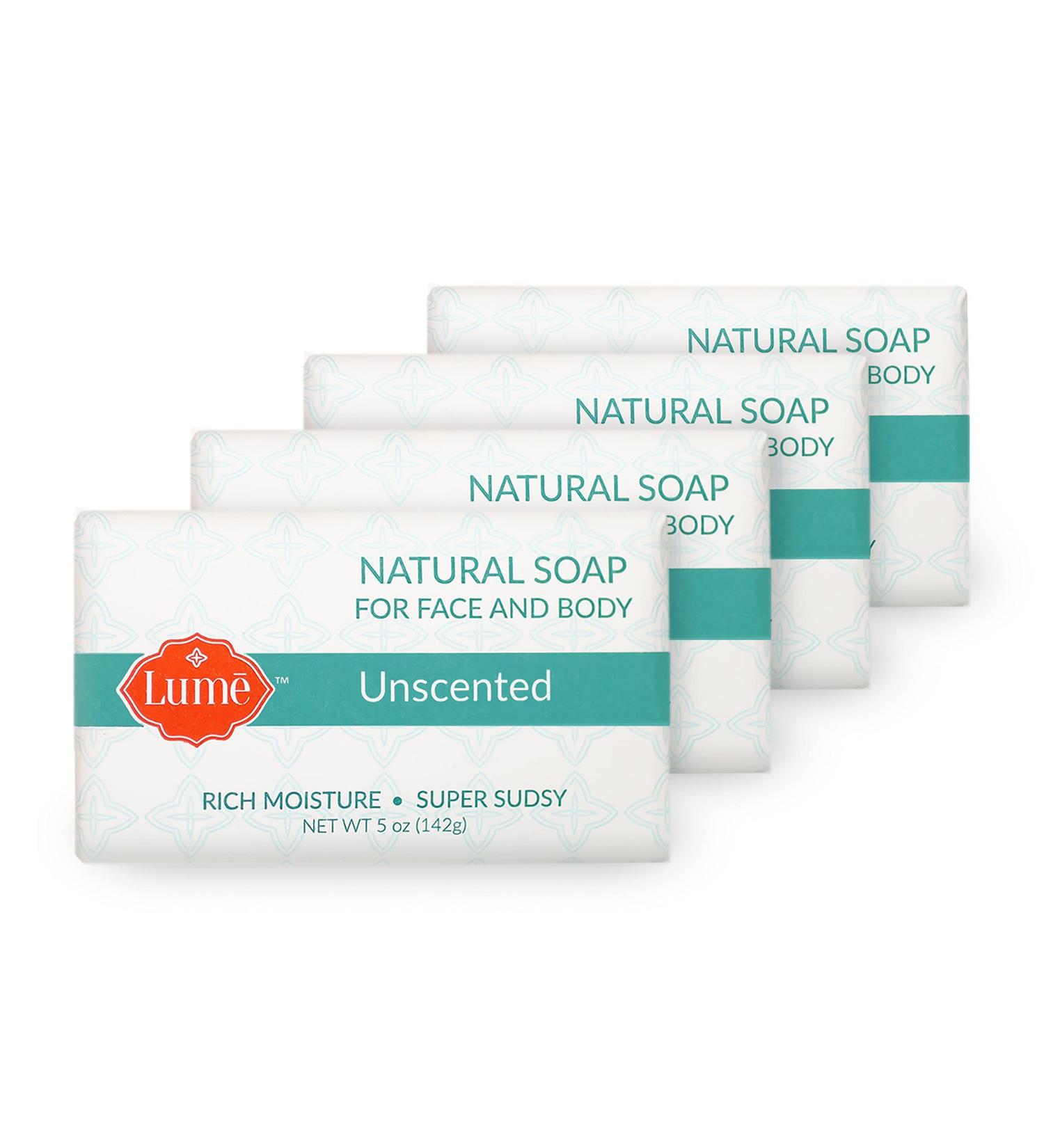 Lume Natural Unscented Soap for Face & Body - Hypoallergenic, Paraben-Free, 5oz Pack of 4 | Safe for Sensitive Skin - Buy Online on GoSupps.com