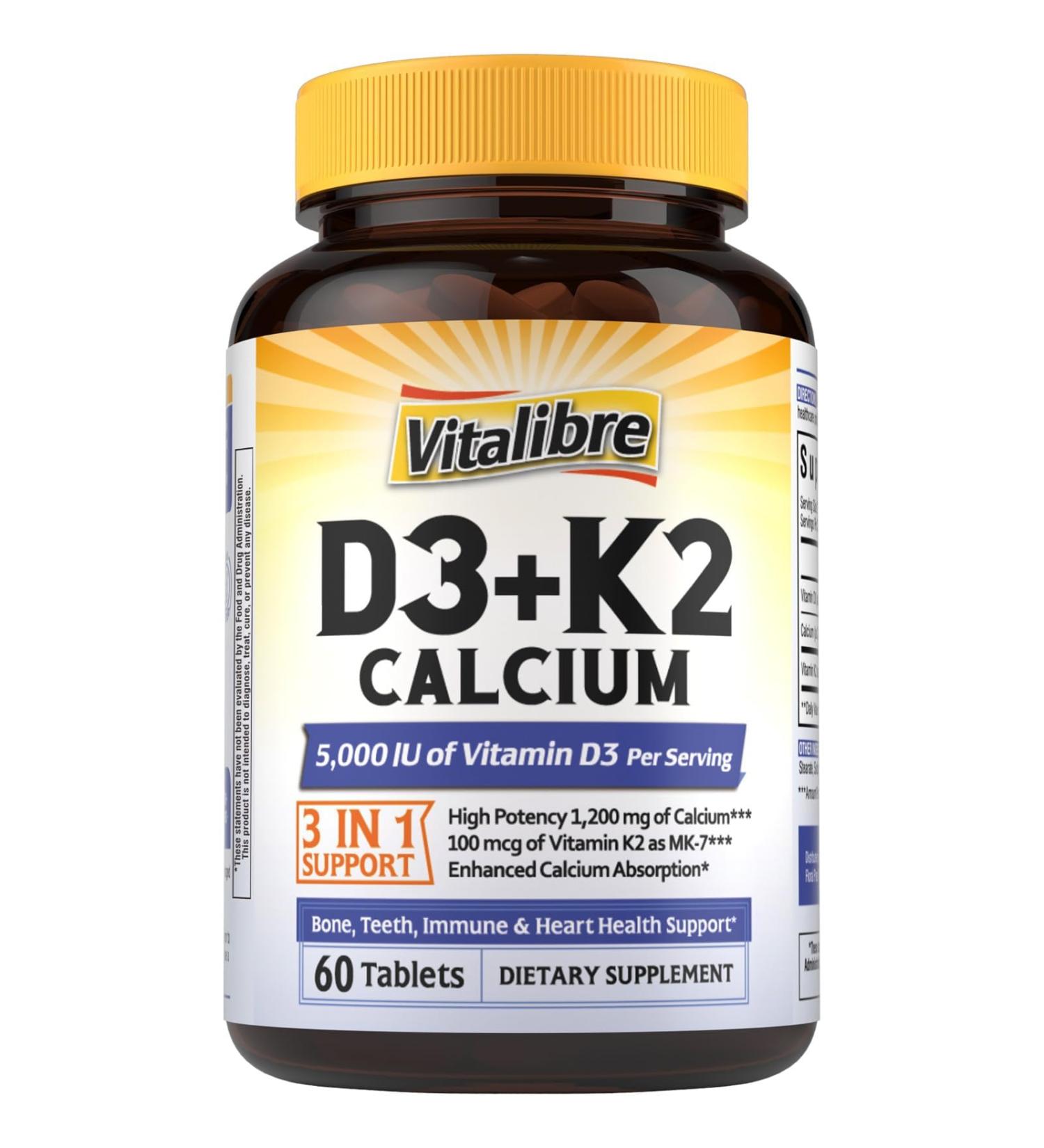Vitalibre D3 K2 Calcium Supplement for Women & Men Vitamin D3 5000 IU Calcium 1200 mg MK-7 High Absorption for Strong Bones Teeth Heart Immune Health 60 Tablets - Buy Online on GoSupps.com