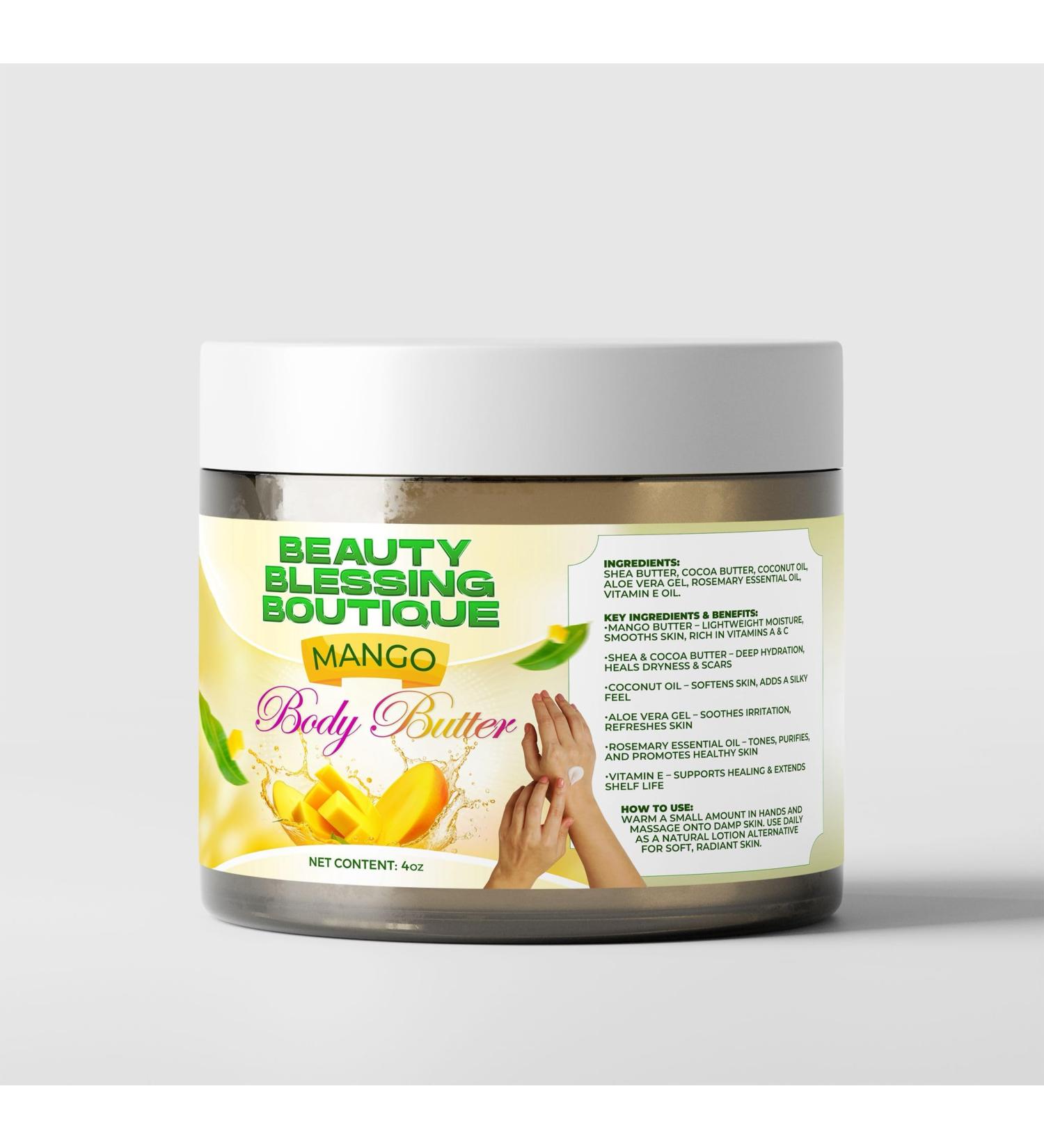 Beauty Blessing Mango Body Butter with Shea Butter Cocoa Butter Coconut Oil Aloe Vera Rosemary & Vitamin E Hydrating Body Moisturizer for Smooth Glowing Skin (4 oz) - Buy Online on GoSupps.com