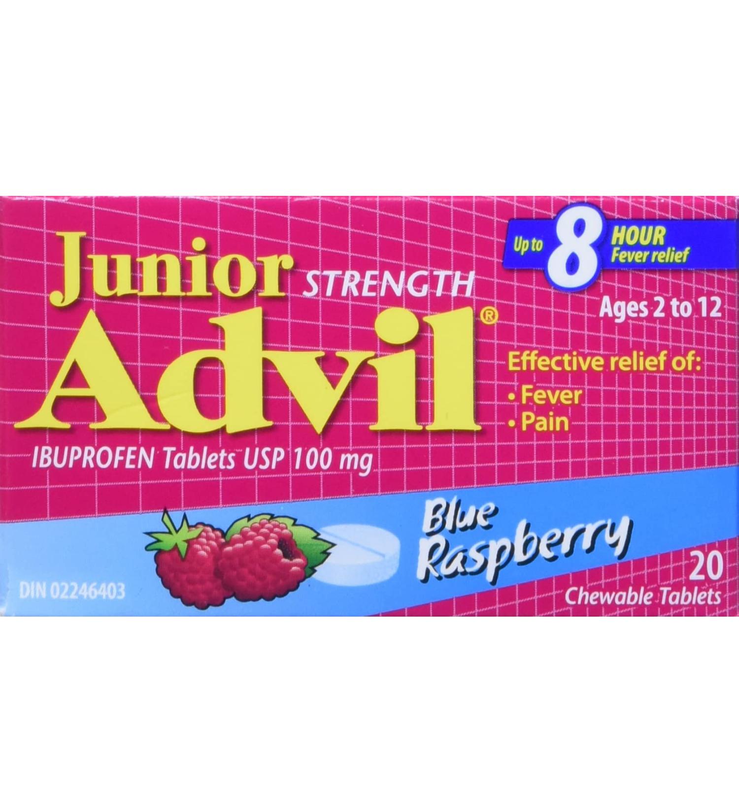 Junior Strength Advil (20 Count Blue Raspberry Flavour) Ibuprofen Chewable Tablets Fever Relief Blue Raspberry 20 Count (Pack of 1) - Buy Online on GoSupps.com