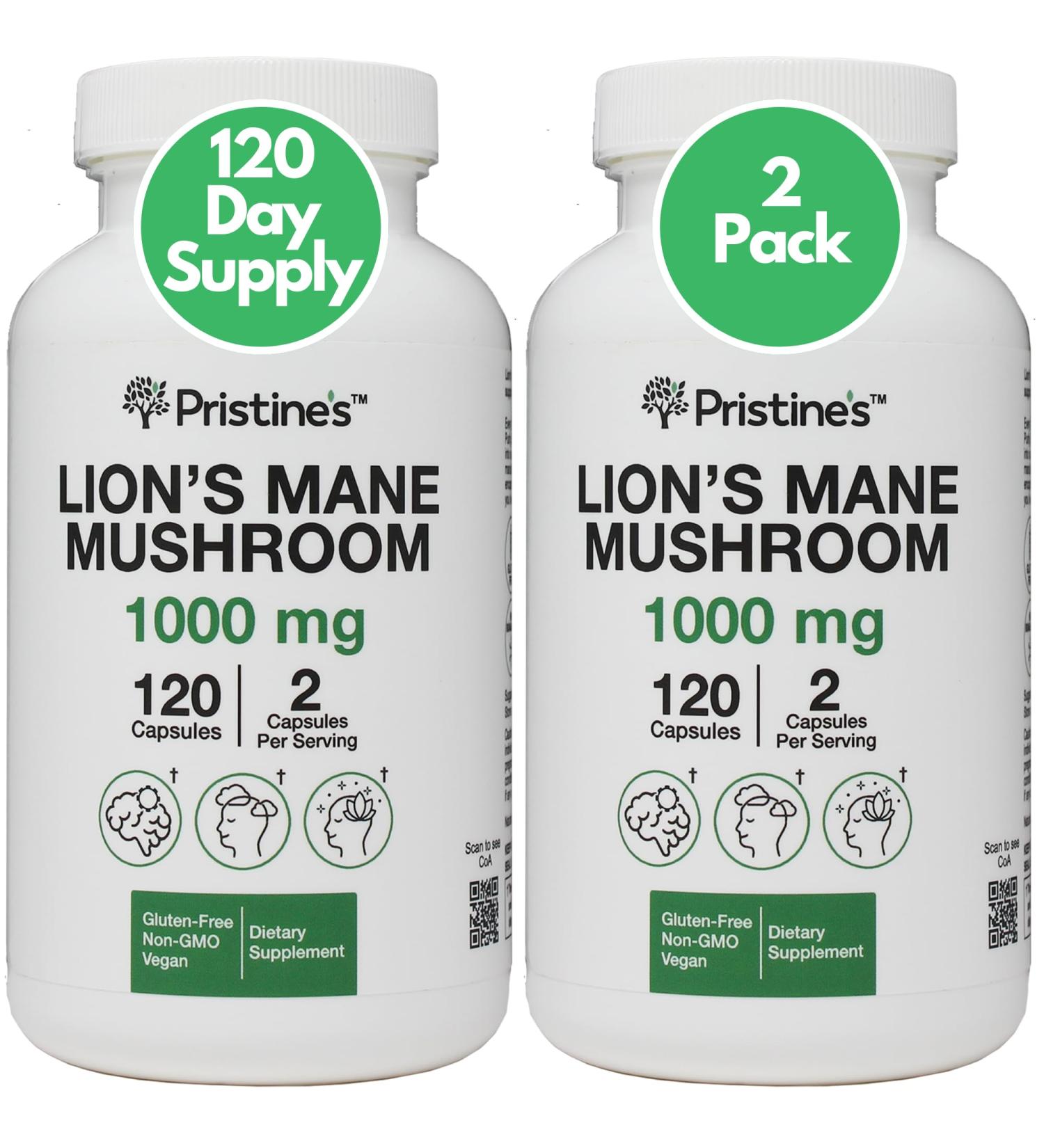 PRISTINE'S Lion's Mane Mushroom 1000mg (2 Pack) Brain Memory & Focus Adaptogen Supplement - 120 Day Supply - Cognitive Function & Immunity Health Memory Supplements for Adults - Vegan - Non-GMO - Buy Online on GoSupps.com