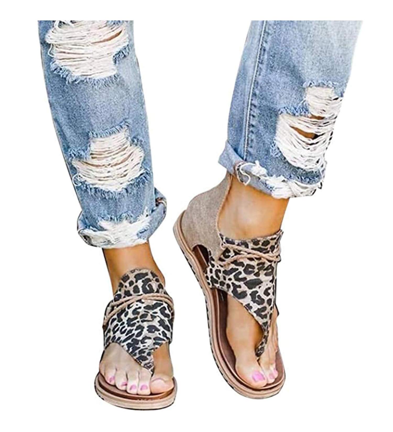 Buy Women's Retro Flat Gladiator Flip-Flop Sandals - Comfortable Leopard Zipper PU Leather Peep-Toe Straps for Travel - Strandu 2 Size 38 EU - Buy Online on GoSupps.com