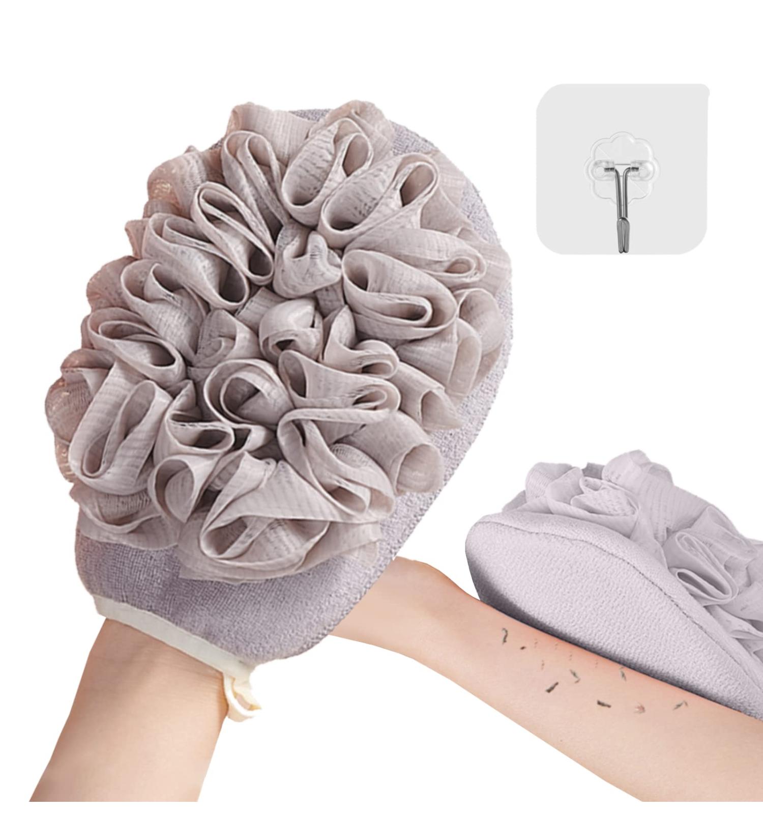 Double Sided Exfoliating Glove with Loofah Sponge | Body Scrubber Bath Sponge for Women & Men - Gray 1Pcs - Buy Online on GoSupps.com